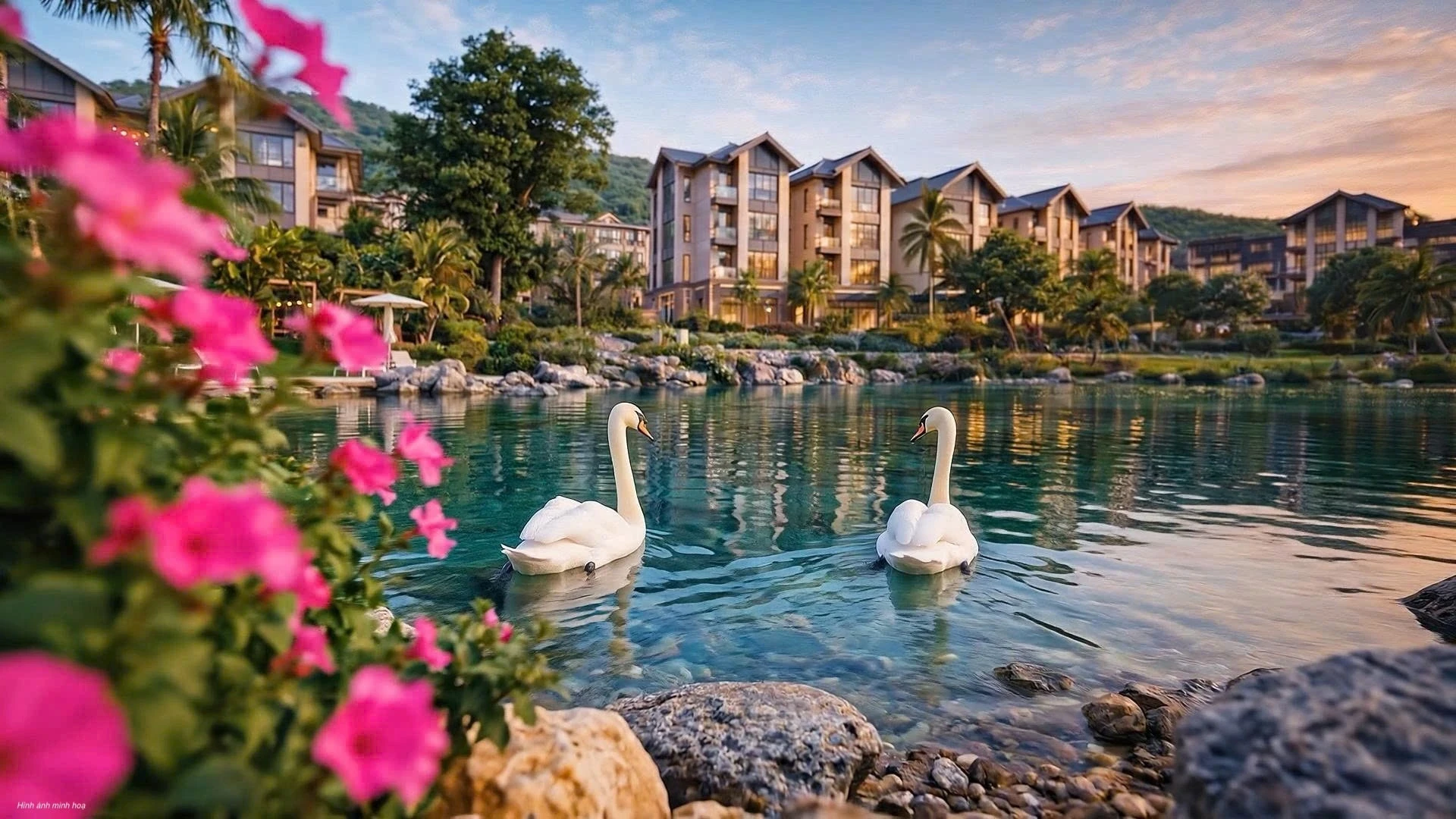 Không gian vườn hoa thiên nga bên suối và biệt thự Bạch Vân Vinhomes Hải Vân Bay