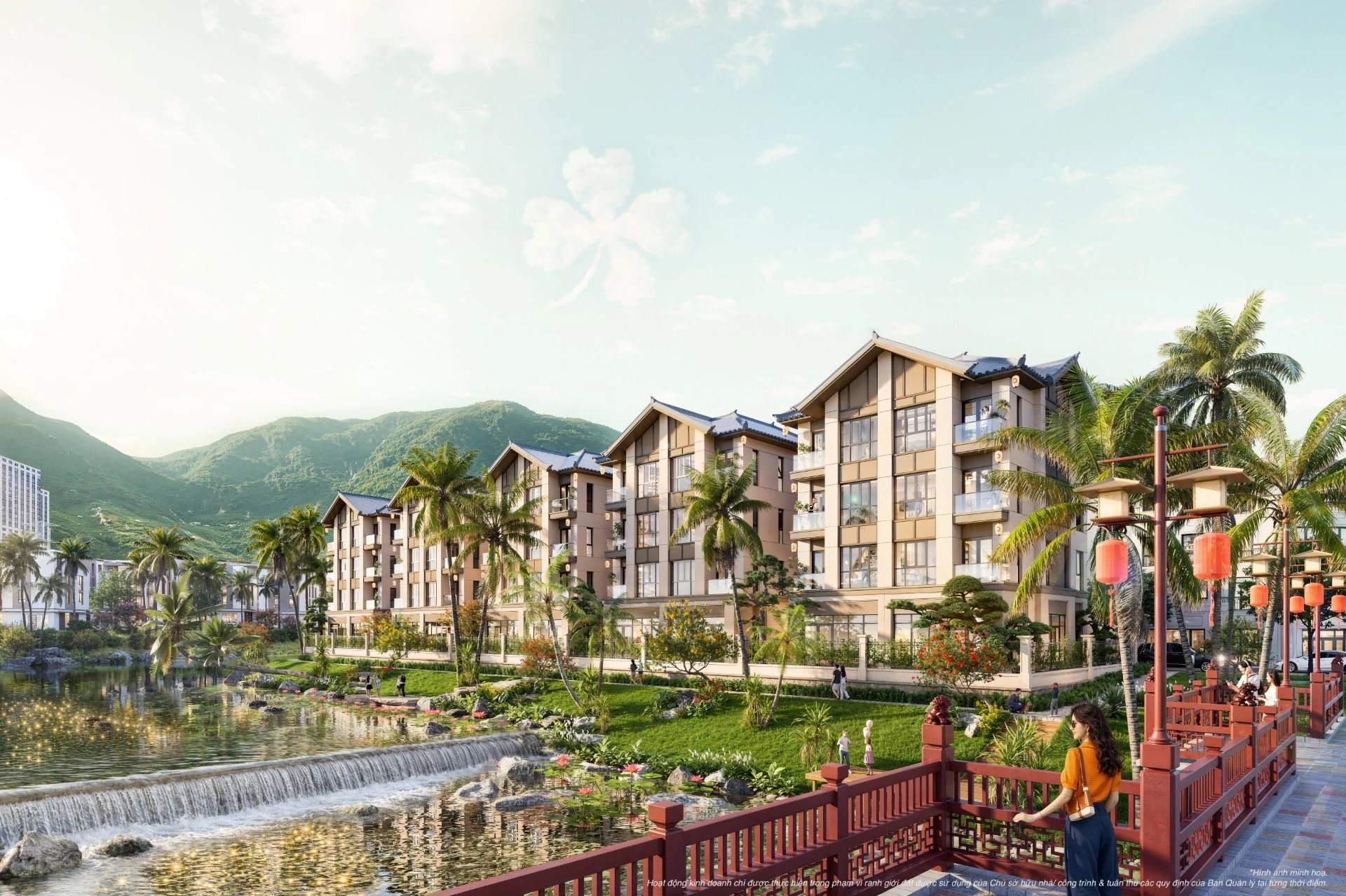 Biệt thự ven suối và cầu đi bộ lan can đỏ thuộc phân khu Bạch Vân Vinhomes Hải Vân Bay