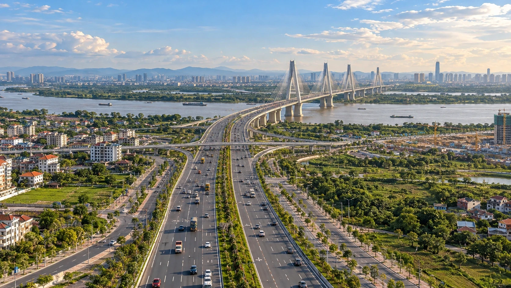 Hình AI minh họa đường Vành đai 3,5 kết nối khu vực cầu Thượng Cát qua sông Hồng