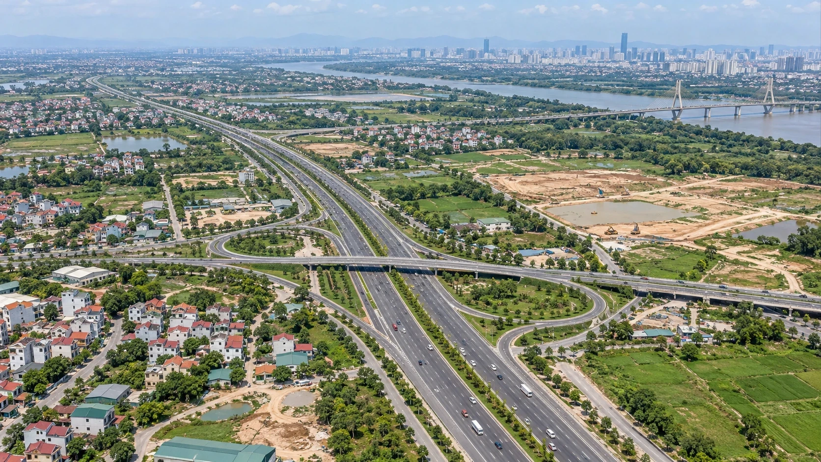 Phối cảnh minh họa bằng AI nút giao đường Vành đai 3,5 và tổ chức các hướng lưu thông ở Hà Nội