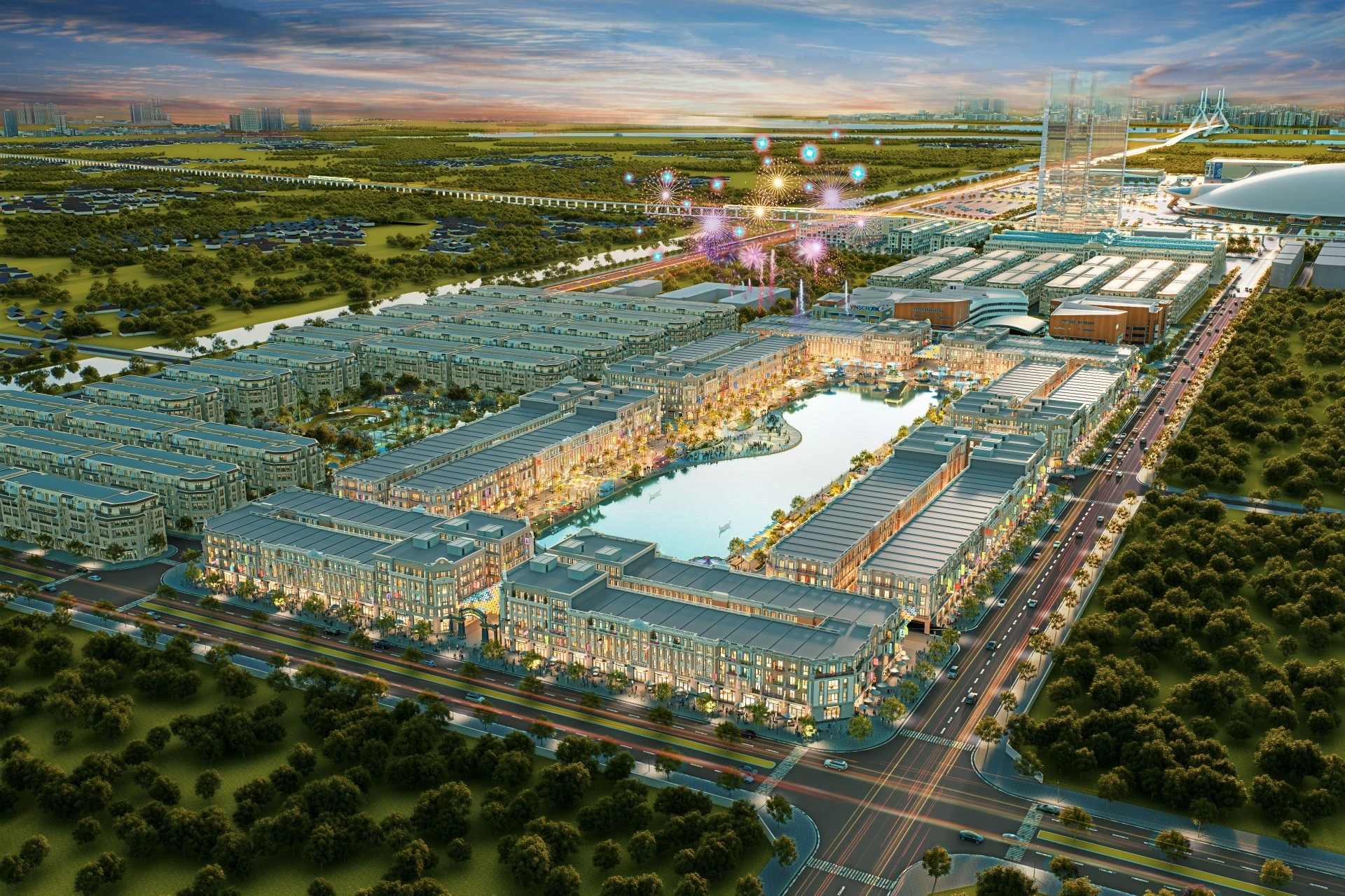 Phối cảnh trên cao khu phố thương mại ven hồ Vincom Collection Bazaar Vinhomes Global Gate Cổ Loa