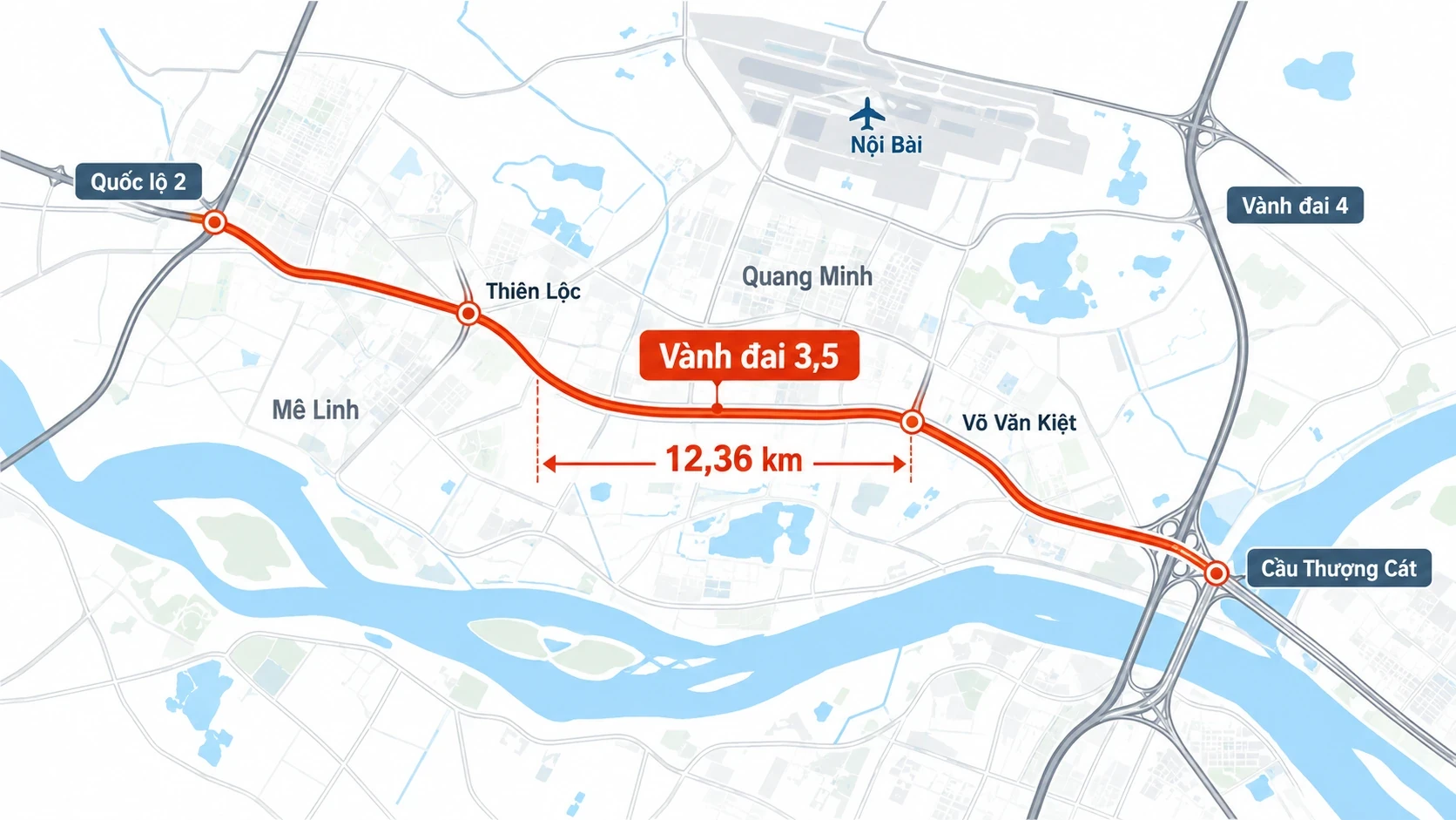 Sơ đồ minh họa Vành đai 3,5 dài 12,36 km, kết nối Quốc lộ 2 với cầu Thượng Cát tại Hà Nội