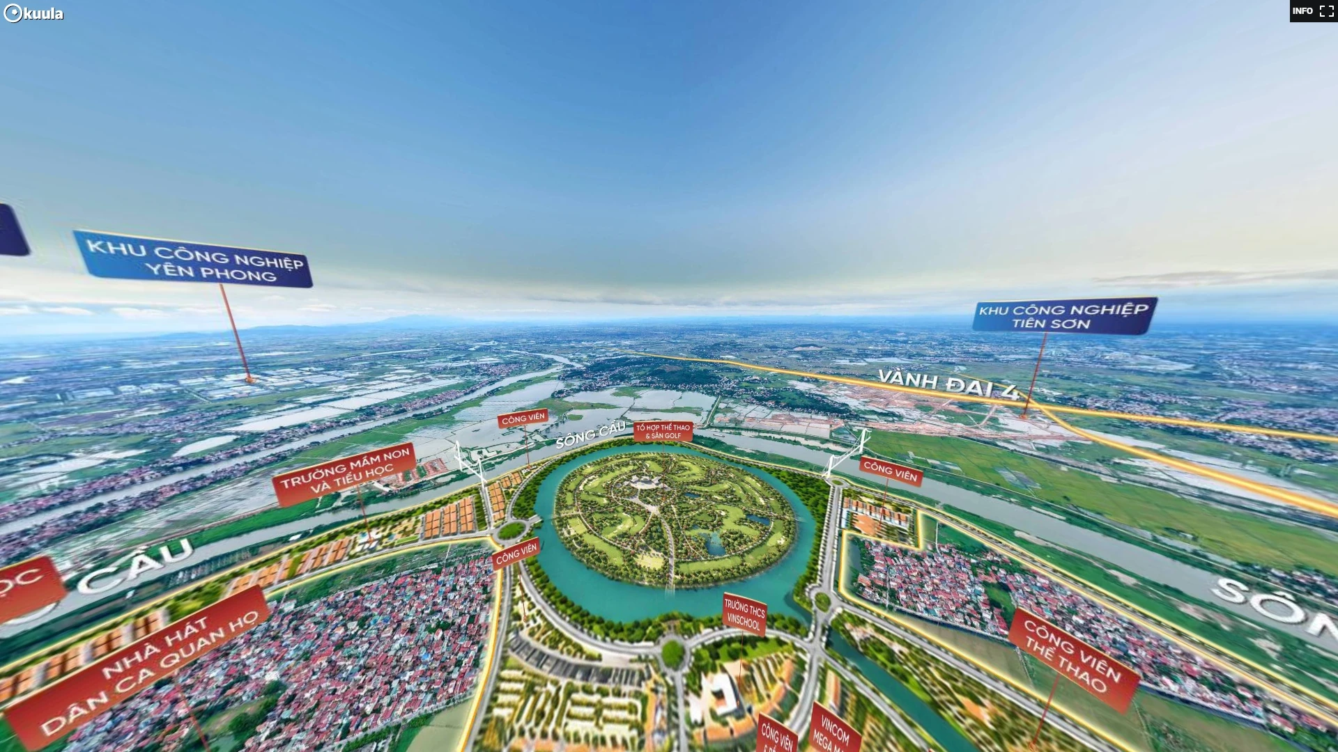 Ảnh trích xuất góc nhìn 360 toàn cảnh Vinhomes King Park Bắc Ninh, hướng sông Cầu, công viên đảo trung tâm và Vành đai 4.