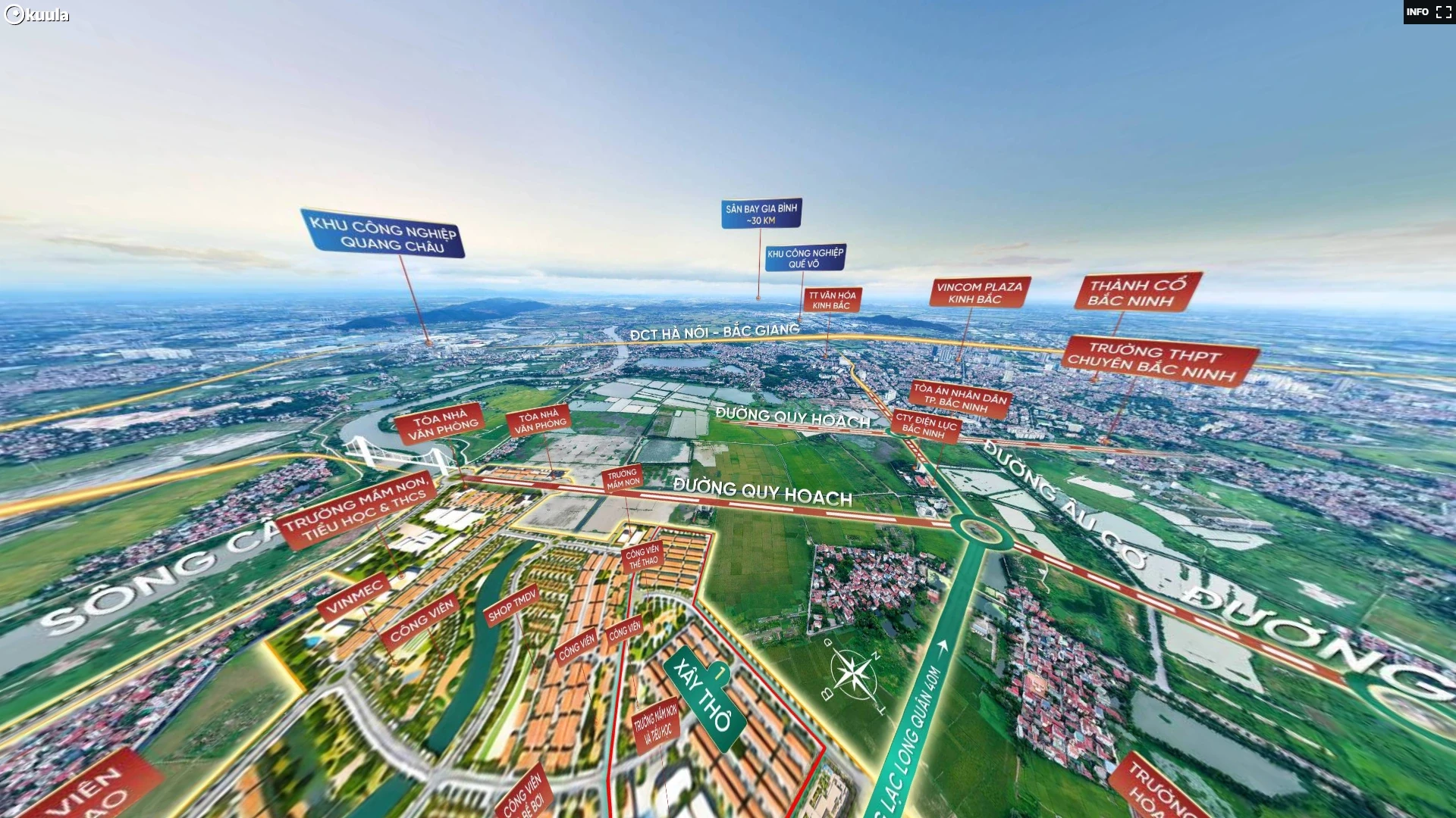Ảnh trích xuất từ tour View 360 Vinhomes King Park Hòa Long nhìn về trung tâm Bắc Ninh, khu xây thô 1 và các tuyến đường quy hoạch.