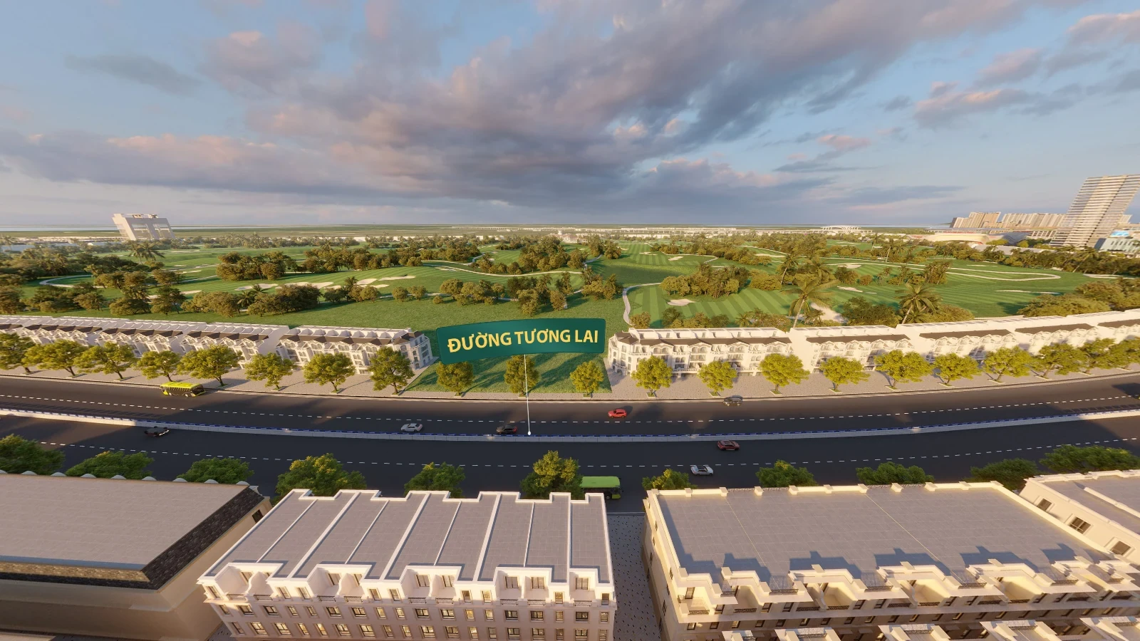 View từ trên cao Công viên Tiên Cảnh Vinhomes Green Paradise hướng Đường Tương Lai và không gian xanh