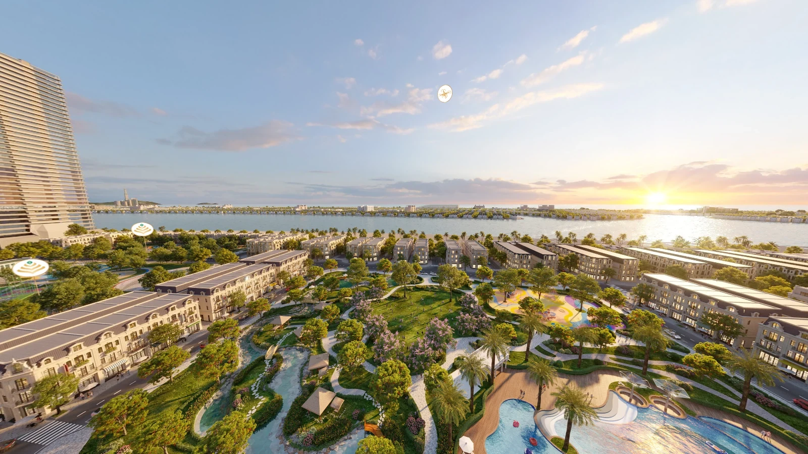 View 360 Công viên Tiên Cảnh Vinhomes Cần Giờ với cảnh quan hồ nước khu vui chơi và khu phố từ trên cao