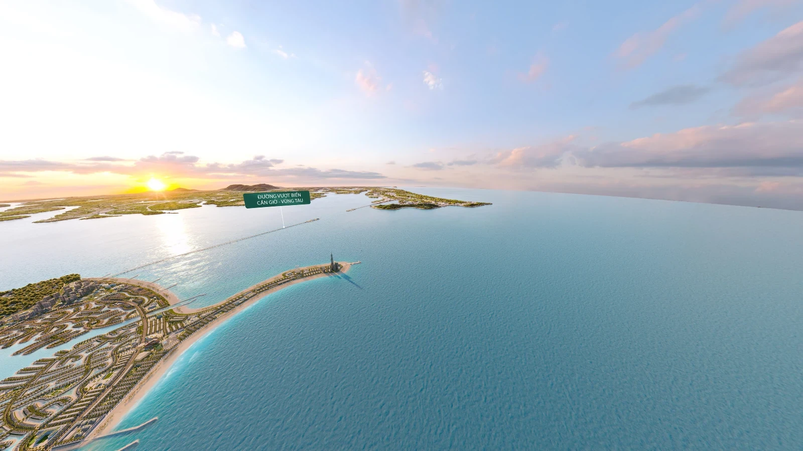 View 360 Vinhomes Green Paradise Cần Giờ hướng Vũng Tàu và tuyến cầu hầm vượt biển nhìn từ trên cao