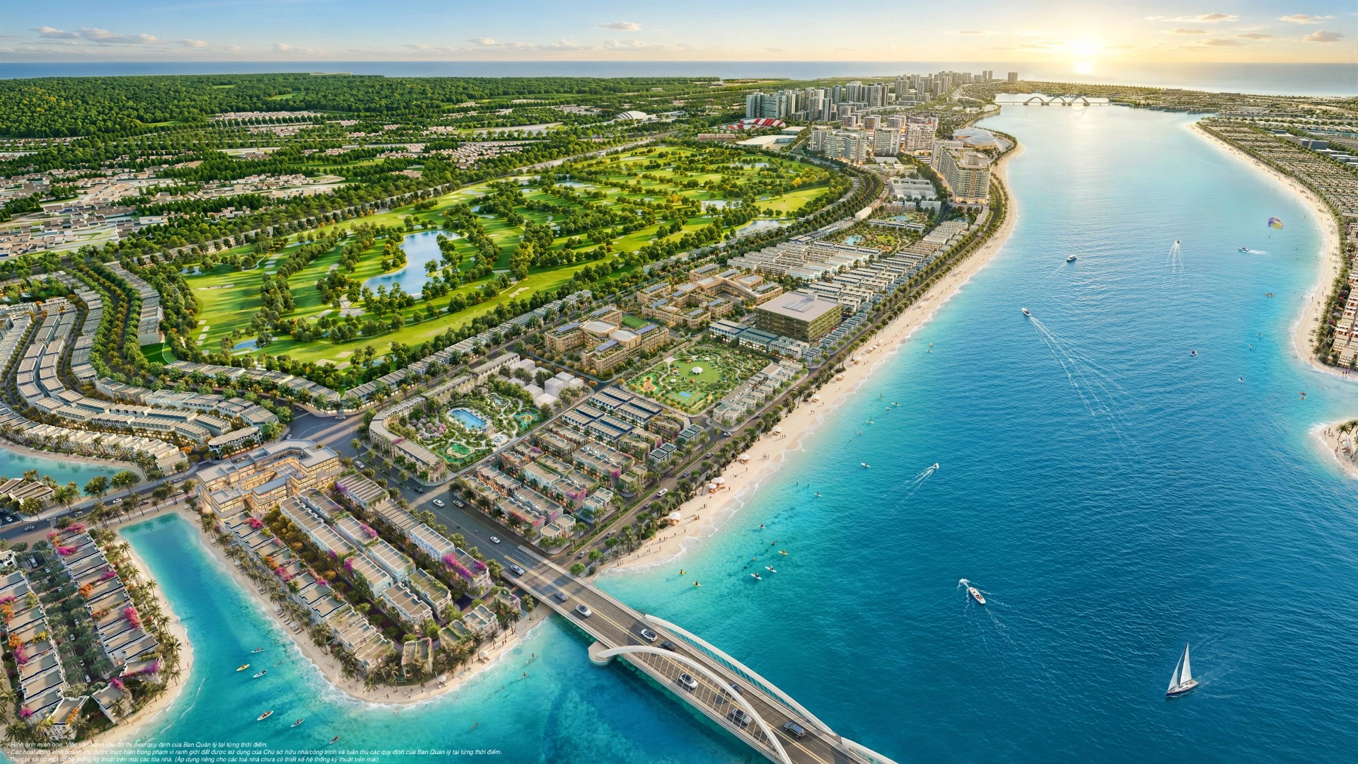 Phối cảnh toàn cảnh cầu, hồ và sân golf tại phân khu Vịnh Tiên, Vinhomes Green Paradise Cần Giờ