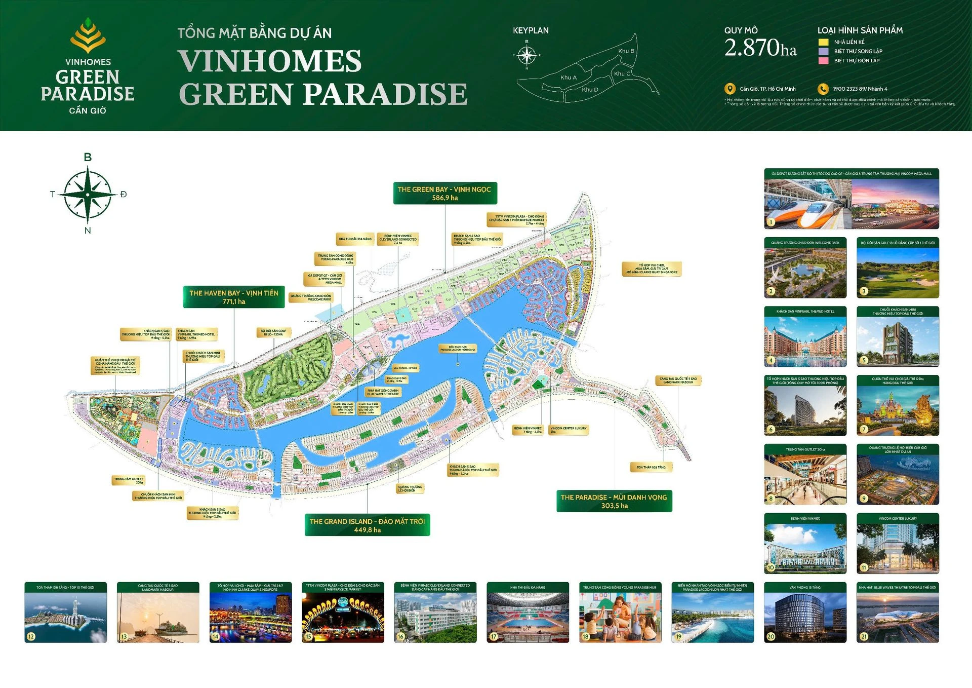 Mặt bằng quy hoạch tổng thể Vinhomes Green Paradise Cần Giờ quy mô 2.870 ha với các phân khu, cây xanh và hệ thống mặt nước