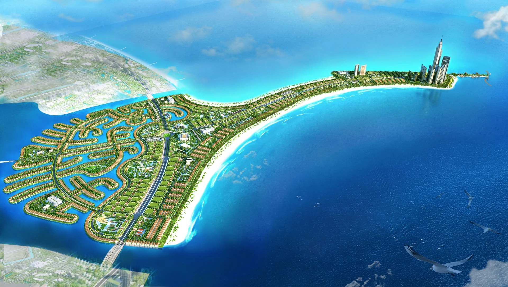 Phối cảnh tổng thể phân khu C1 ven biển Vinhomes Green Paradise với công trình, cây xanh và mặt nước