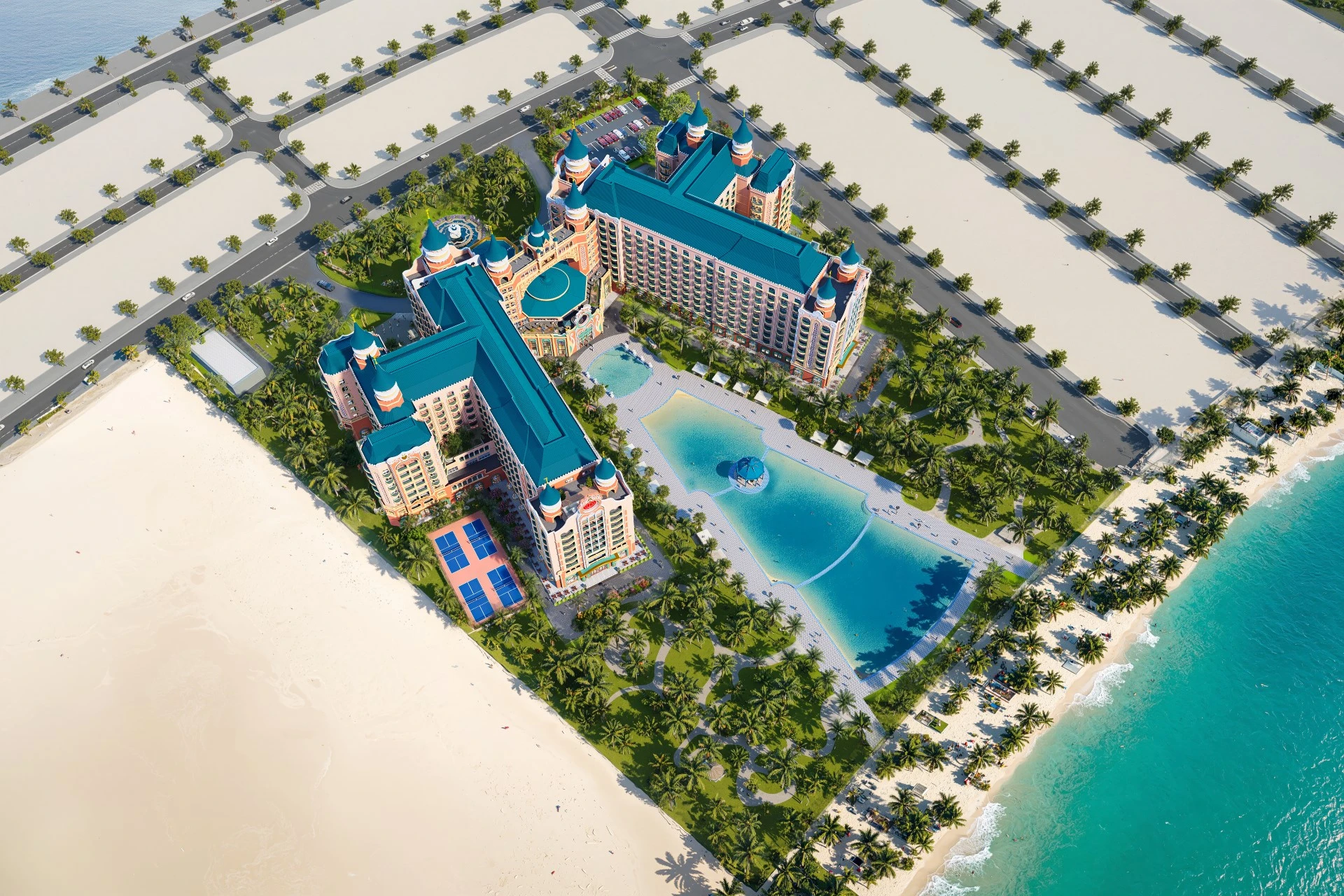 Phối cảnh khách sạn chủ đề Vinpearl với hồ bơi tại Vinhomes Green Paradise Cần Giờ