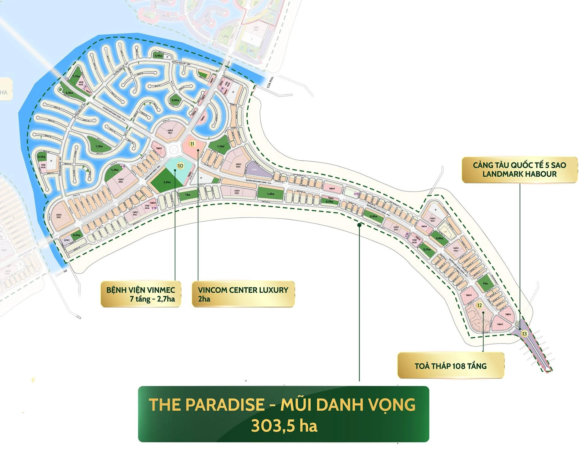 Sơ đồ giới thiệu The Paradise Mũi Danh Vọng có đánh dấu cảng tàu quốc tế Landmark Harbour