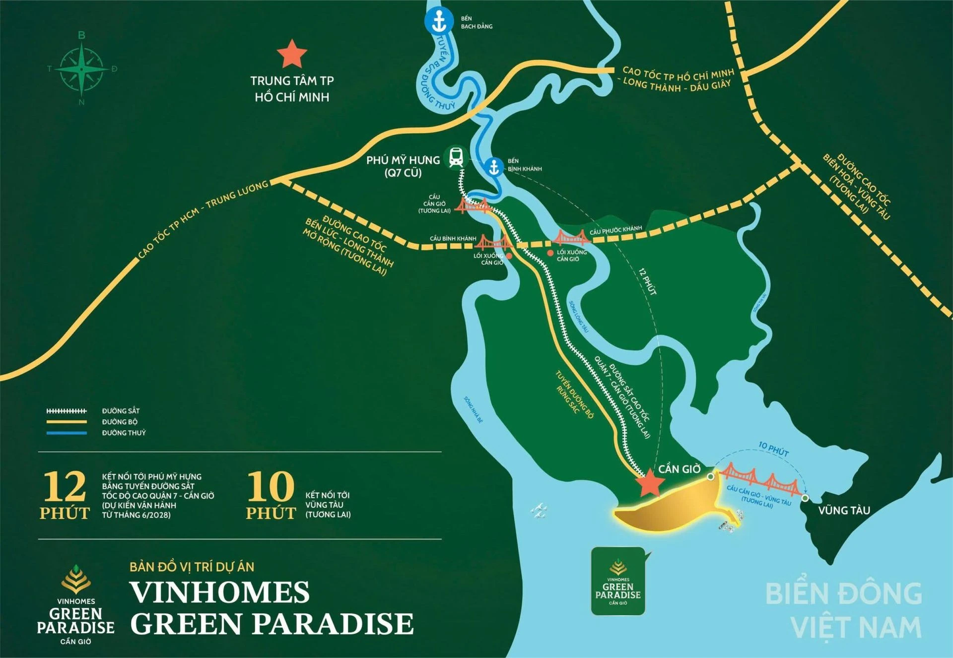 Bản đồ vị trí Vinhomes Green Paradise Cần Giờ kết nối trung tâm TP.HCM, Phú Mỹ Hưng, Rừng Sác và hướng Vũng Tàu