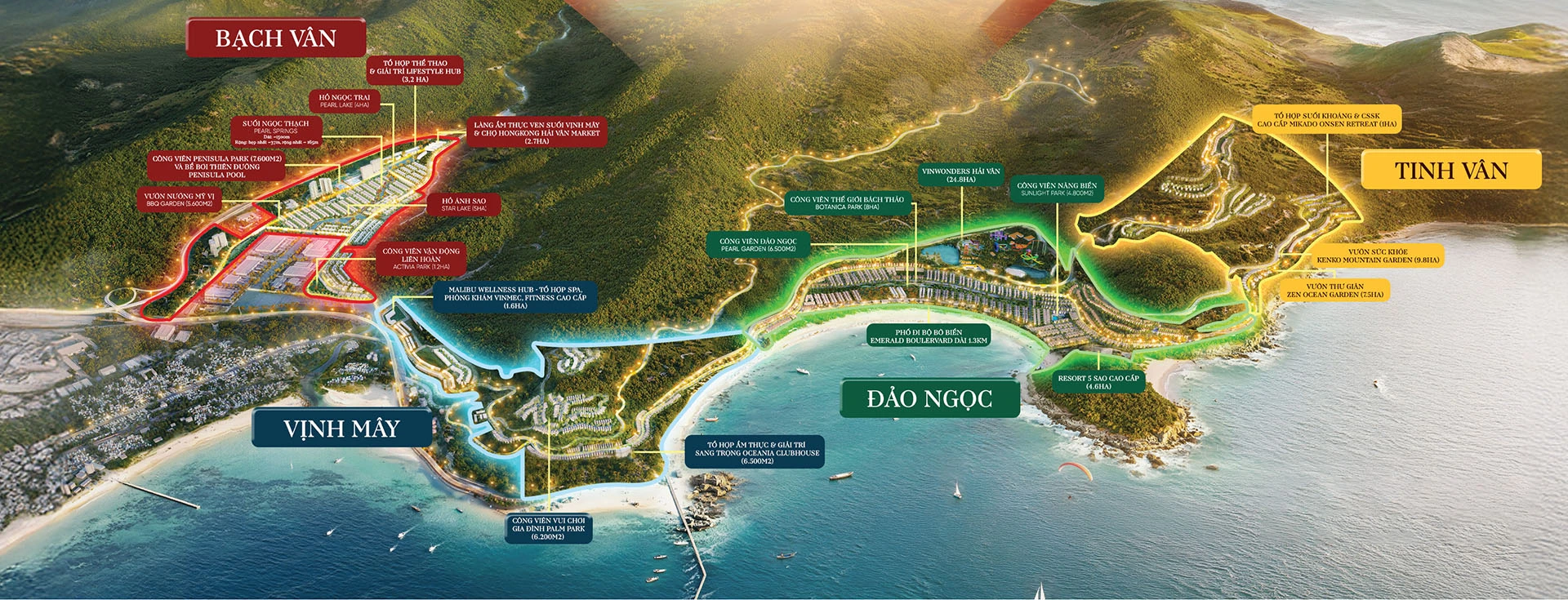 Sơ đồ vị trí Bạch Vân trong bốn phân khu Vinhomes Hải Vân Bay gồm Vịnh Mây, Đảo Ngọc và Tinh Vân