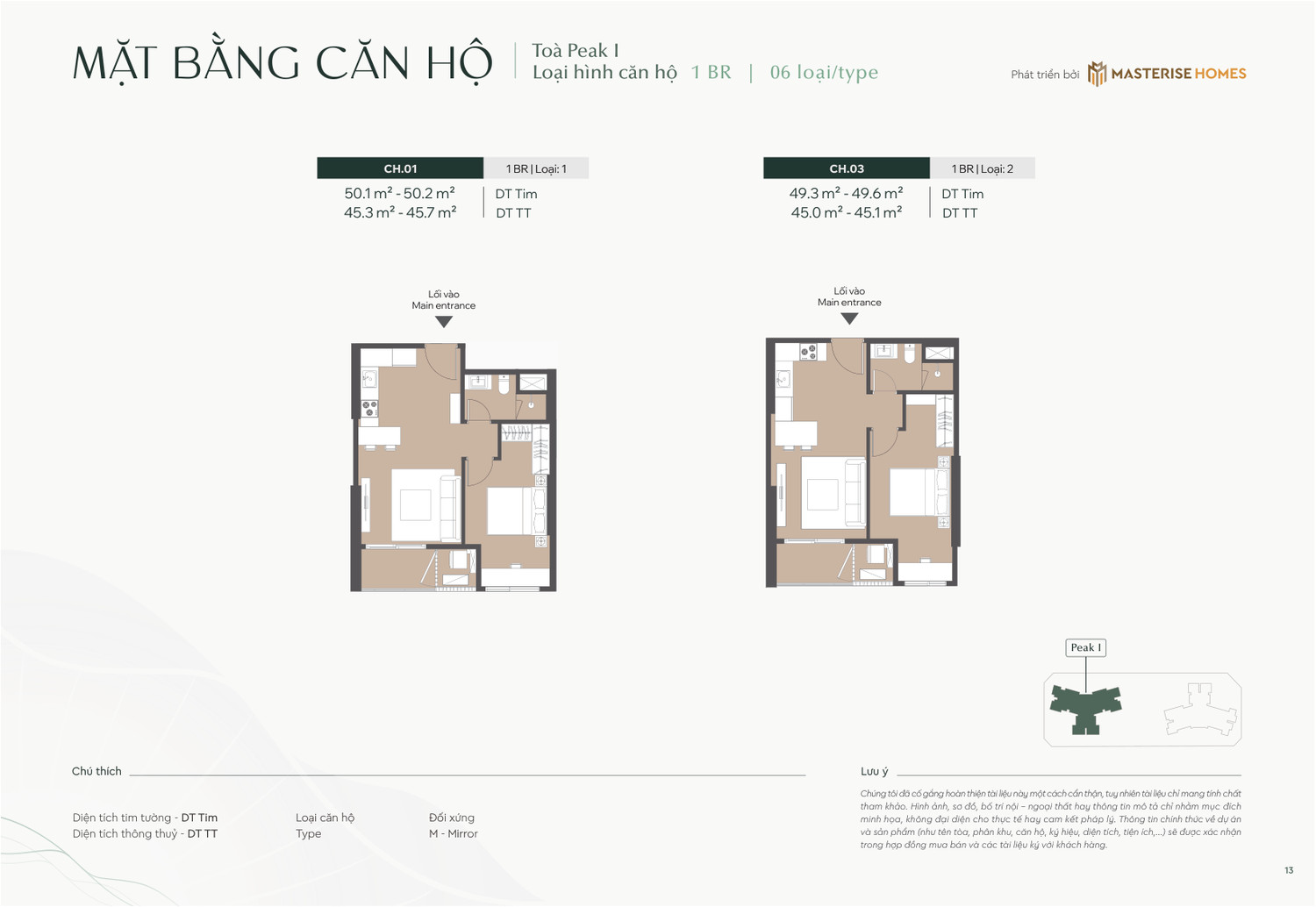 Layout căn hộ 1 Phòng Ngủ Type 1 và Type 2 dự án Lumière Essence Peak tòa Peak 1