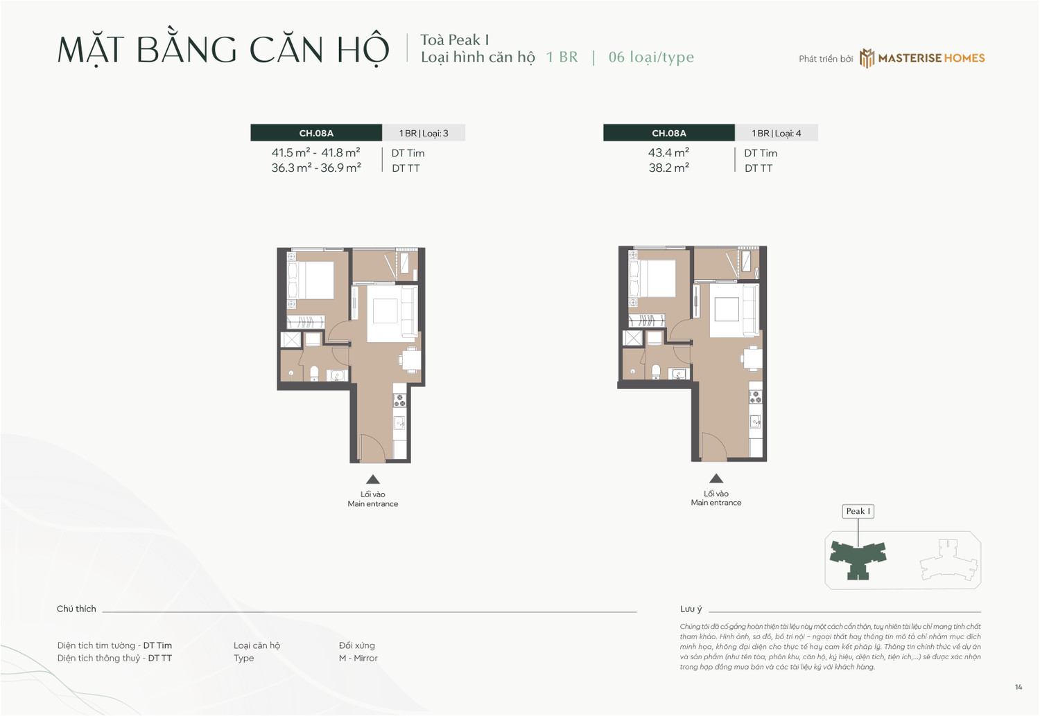 Layout căn hộ 1 Phòng Ngủ Type 3 và Type 4 dự án Lumière Essence Peak tòa Peak 1