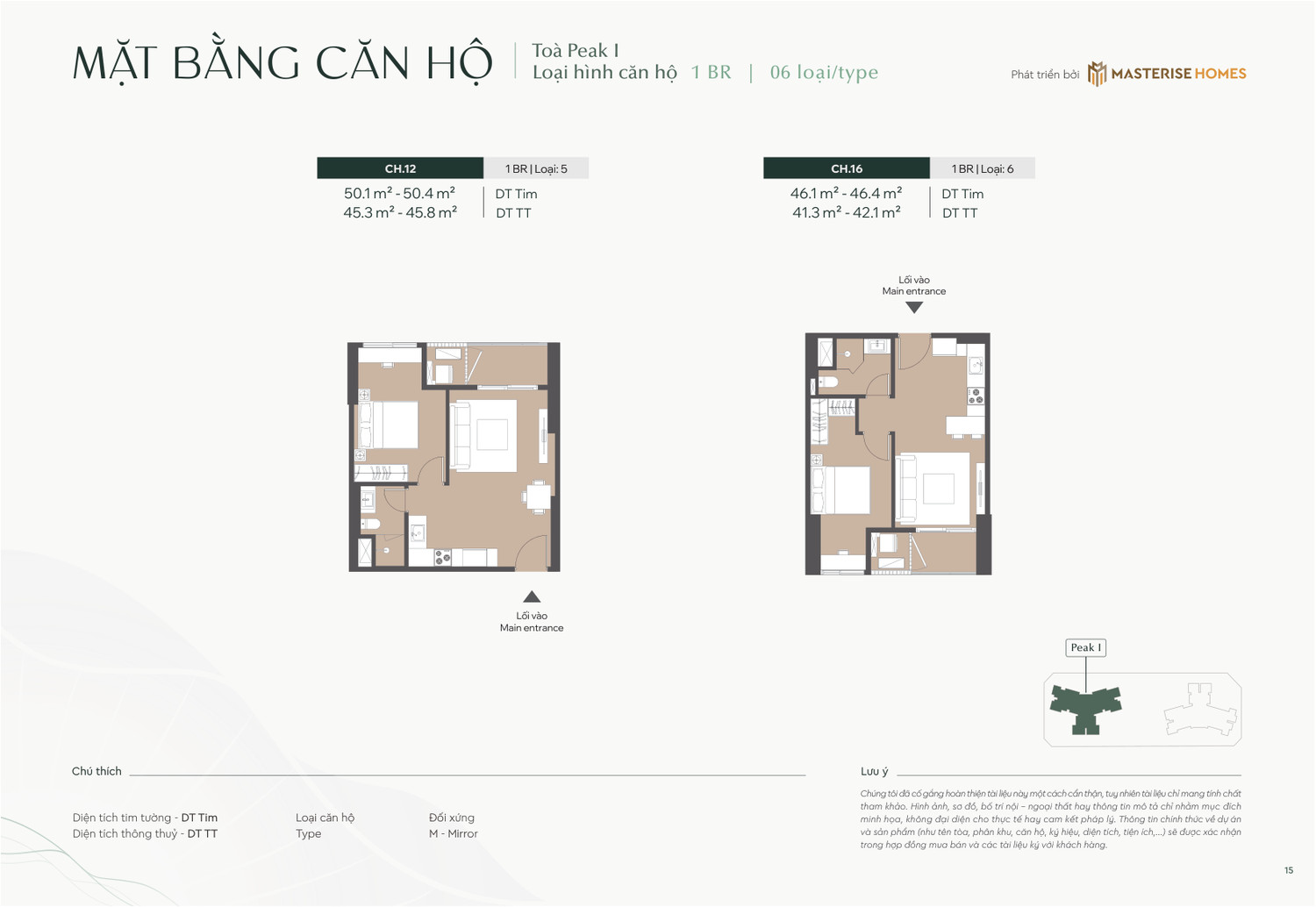 Layout căn hộ 1 Phòng Ngủ Type 5 và Type 6 dự án Lumière Essence Peak tòa Peak 1