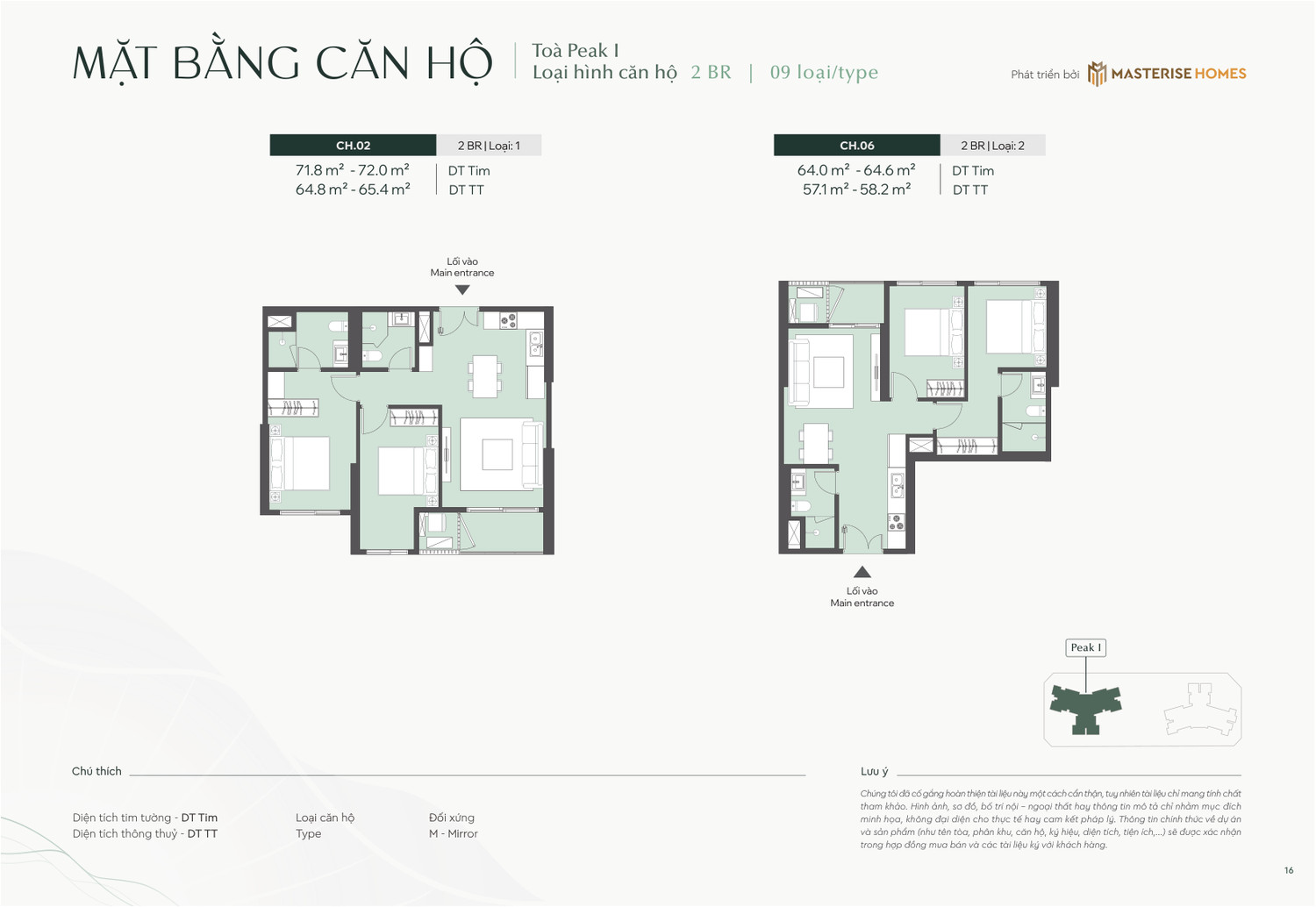Layout căn hộ 2 Phòng Ngủ Type 1 và Type 2 dự án Lumière Essence Peak tòa Peak 1