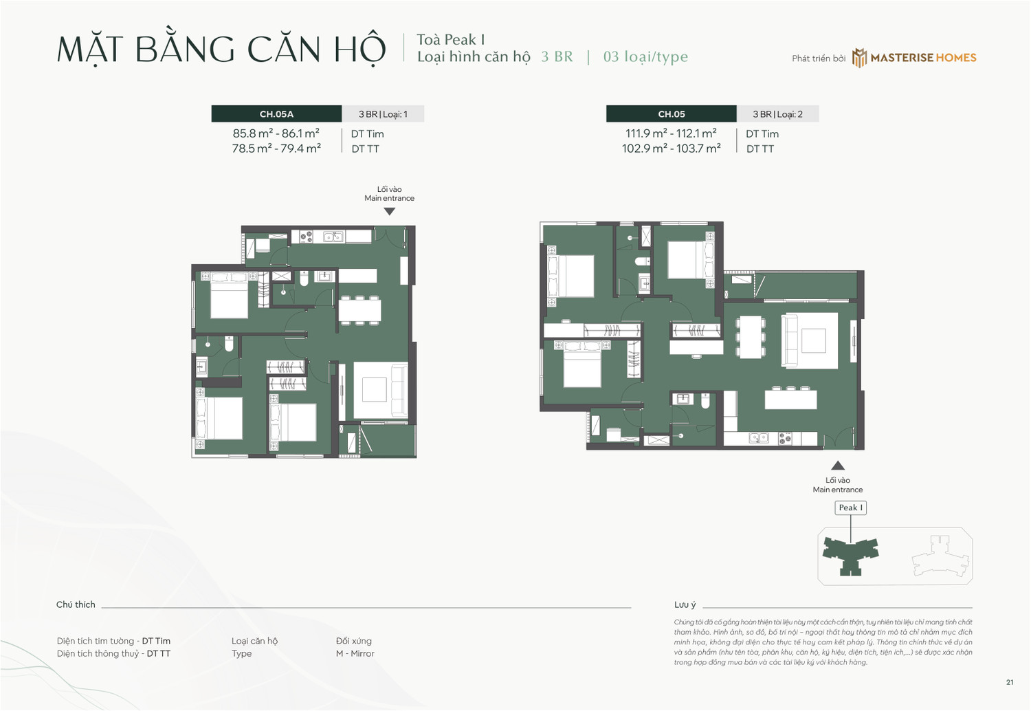 Layout căn hộ 3 Phòng Ngủ Type 1 và Type 2 dự án Lumière Essence Peak tòa Peak 1