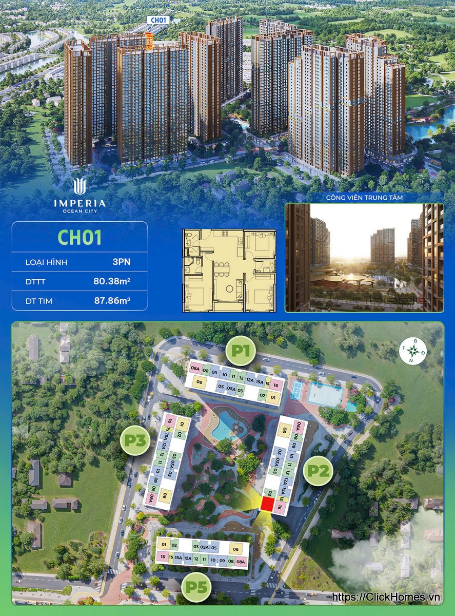 Ảnh chỉ căn trục 01 tòa P2 The Parkland Imperia Ocean City – 3PN – DTTT 80.38m², DT tim 87.86m² – hướng Tây Nam
