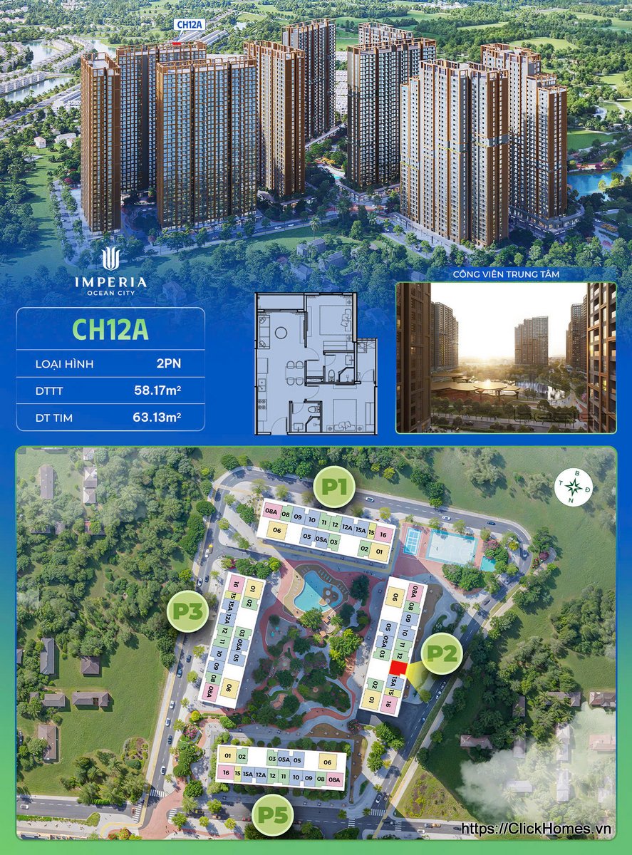 Ảnh chỉ căn trục 12A tòa P2 The Parkland Imperia Ocean City – 2PN – DTTT 58.17m², DT tim 63.13m² – hướng Đông Bắc