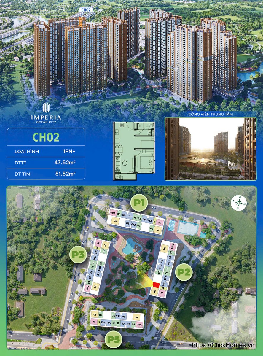 Ảnh chỉ căn trục 02 tòa P2 The Parkland Imperia Ocean City – 1PN+ – DTTT 47.52m², DT tim 51.52m² – hướng Tây Nam