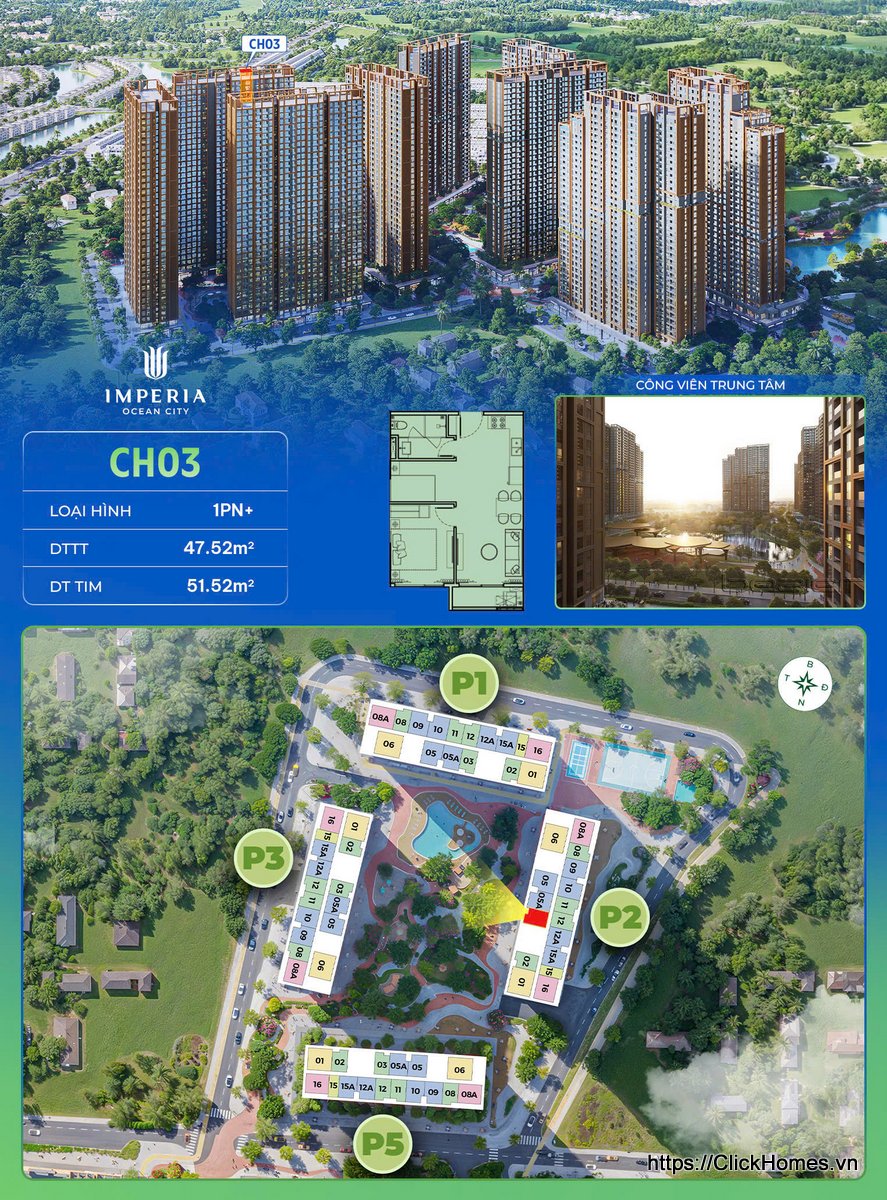 Ảnh chỉ căn trục 03 tòa P2 The Parkland Imperia Ocean City – 1PN+ – DTTT 47.52m², DT tim 51.52m² – hướng Tây Nam