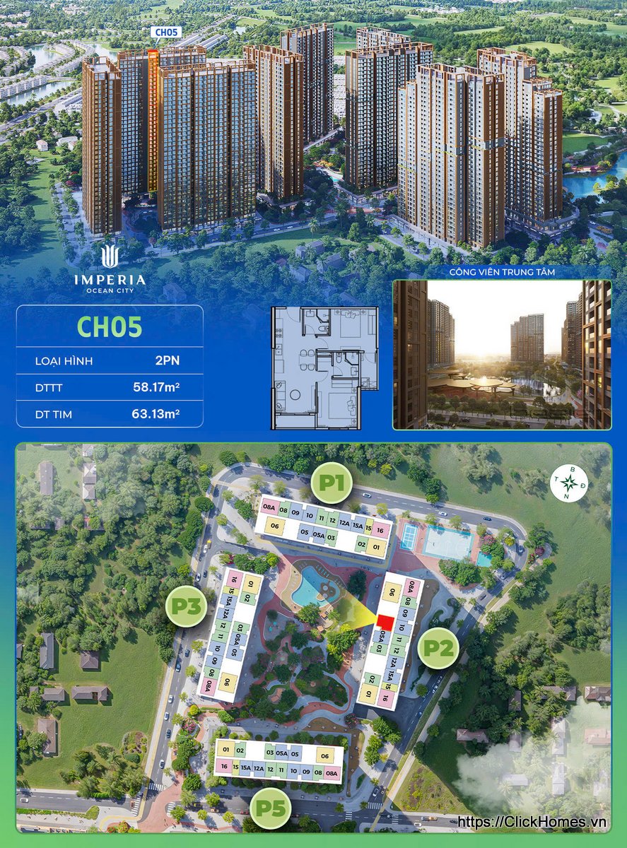 Ảnh chỉ căn trục 05 tòa P2 The Parkland Imperia Ocean City – 2PN – DTTT 58.17m², DT tim 63.13m² – hướng Tây Nam