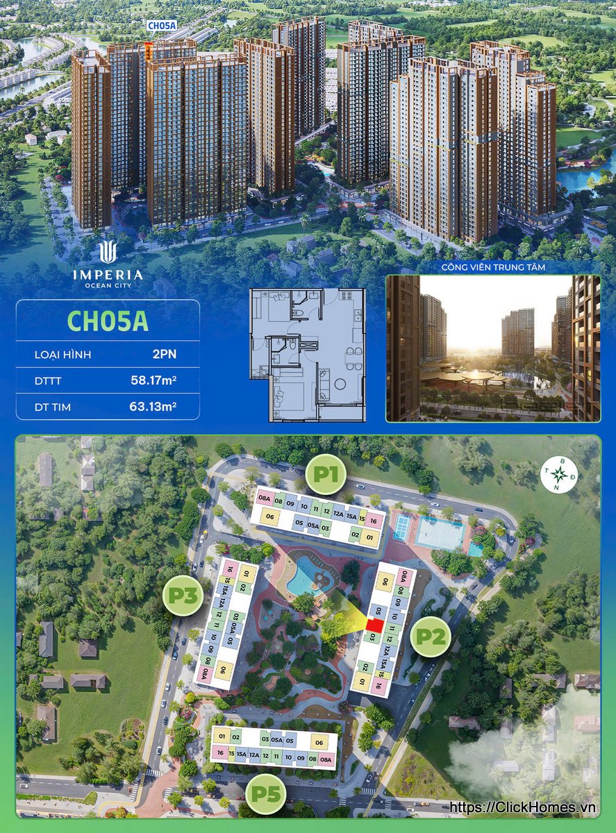 Ảnh chỉ căn trục 05A tòa P2 The Parkland Imperia Ocean City – 2PN – DTTT 58.17m², DT tim 63.13m² – hướng Tây Nam