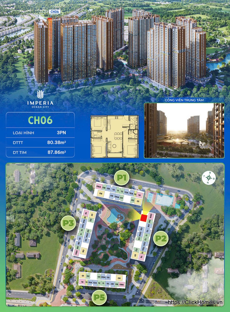 Ảnh chỉ căn trục 06 tòa P2 The Parkland Imperia Ocean City – 3PN – DTTT 80.38m², DT tim 87.86m² – hướng Tây Nam