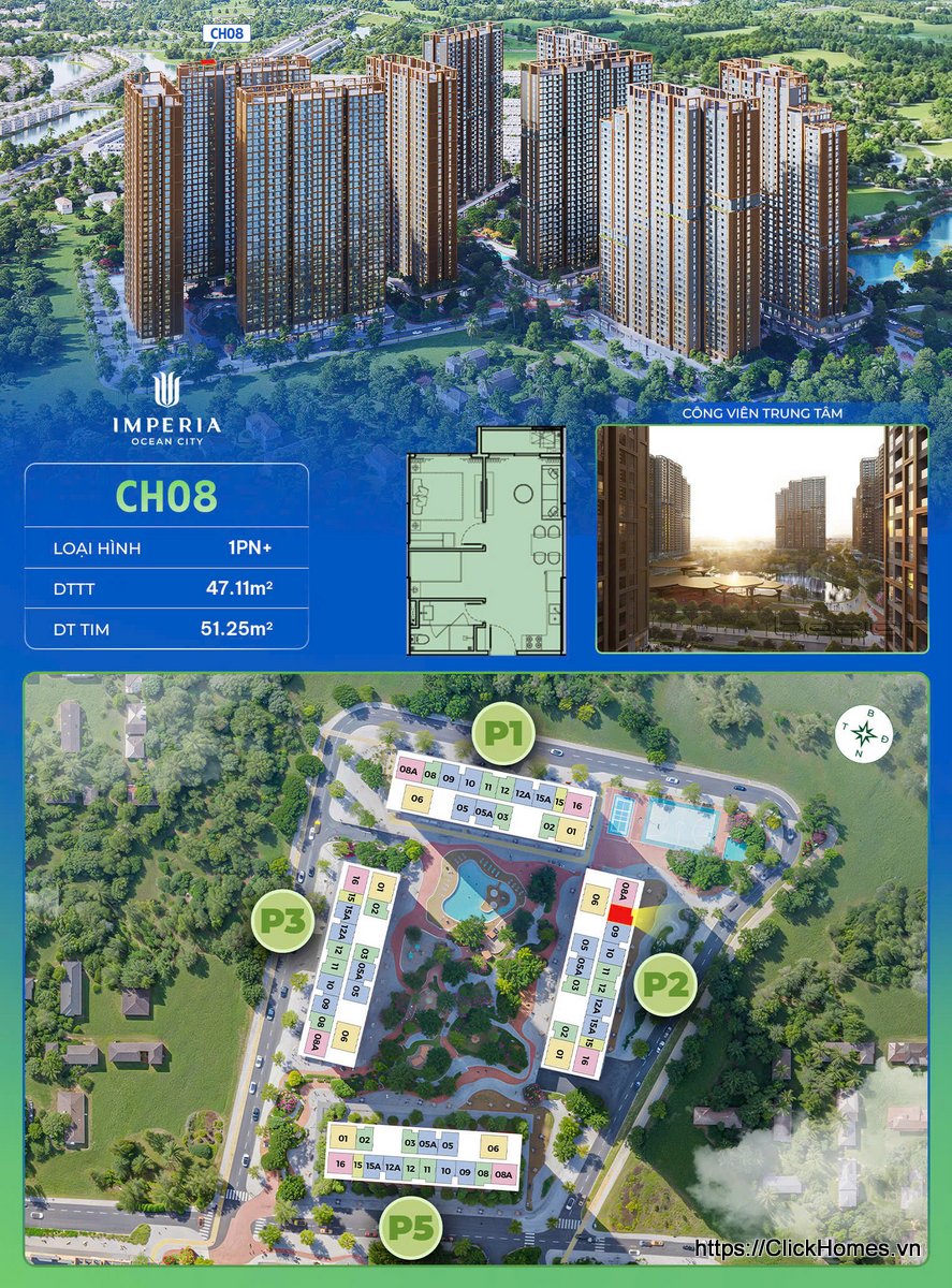 Ảnh chỉ căn trục 08 tòa P2 The Parkland Imperia Ocean City – 1PN+ – DTTT 47.11m², DT tim 51.25m² – hướng Đông Bắc