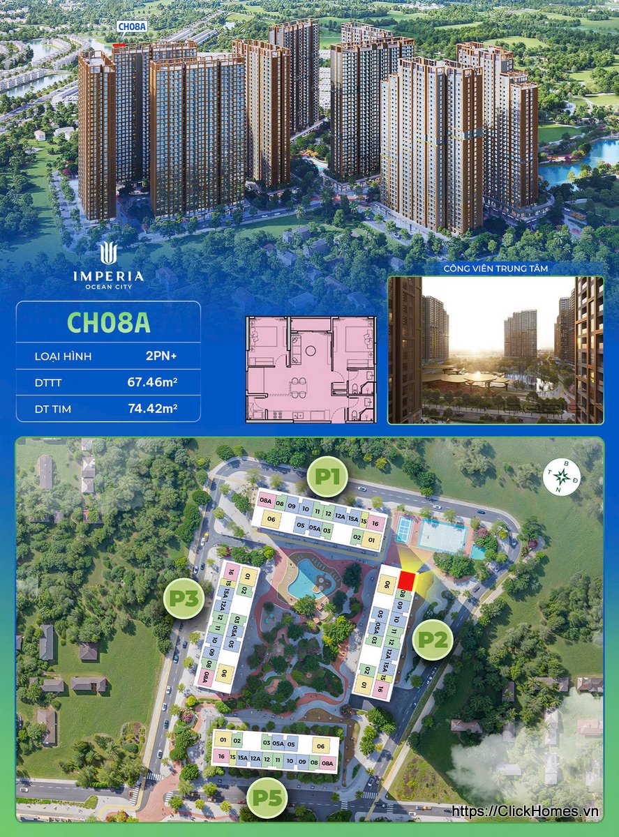 Ảnh chỉ căn trục 08A tòa P2 The Parkland Imperia Ocean City – 2PN+ – DTTT 67.46m², DT tim 74.42m² – hướng Đông Bắc