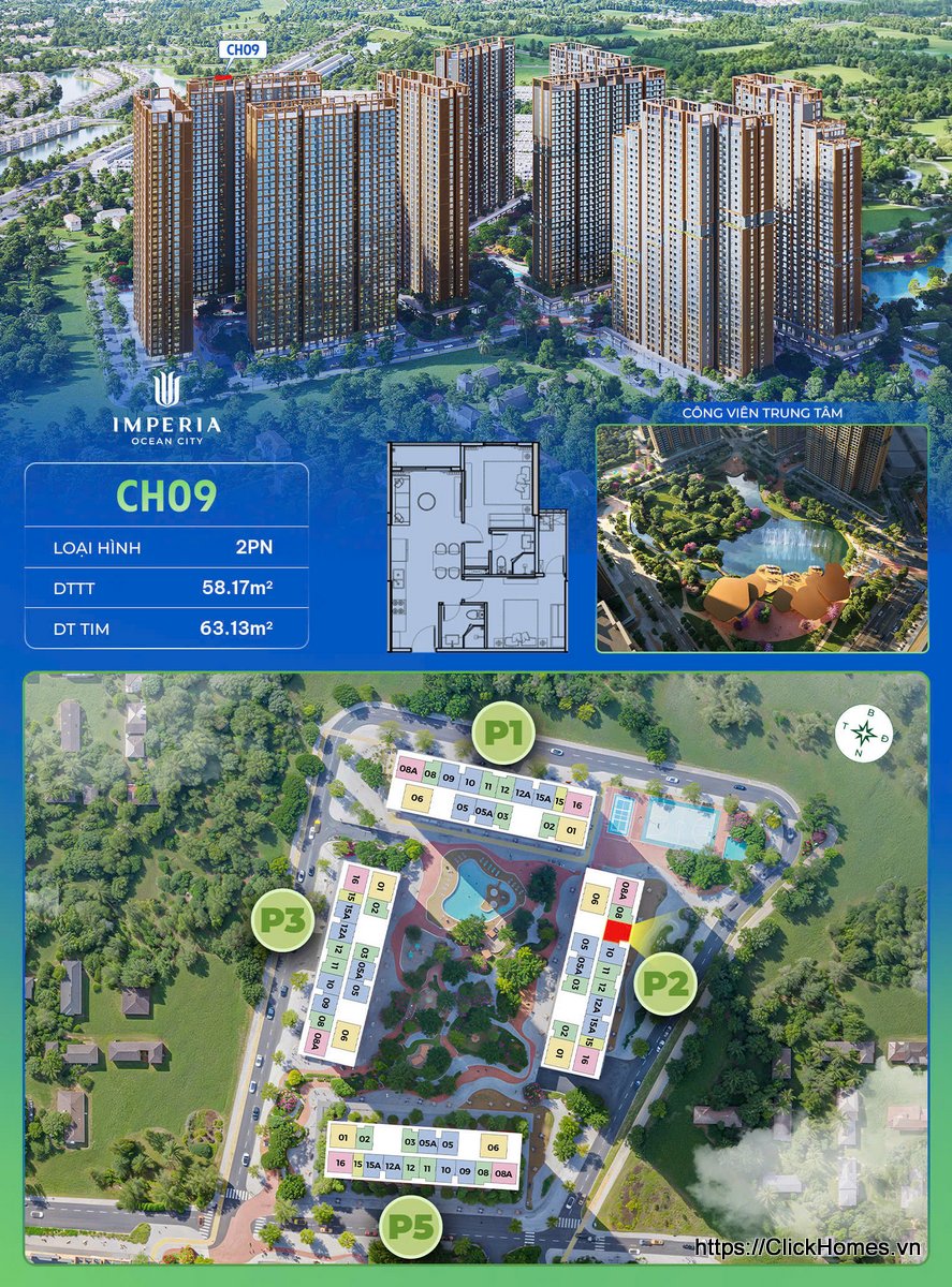 Ảnh chỉ căn trục 09 tòa P2 The Parkland Imperia Ocean City – 2PN – DTTT 58.17m², DT tim 63.13m² – hướng Đông Bắc