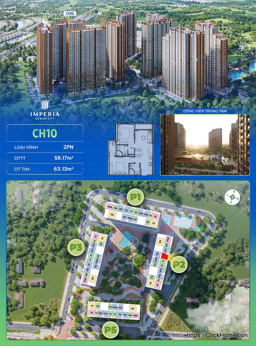 Ảnh chỉ căn trục 10 tòa P2 The Parkland Imperia Ocean City – 2PN – DTTT 58.17m², DT tim 63.13m² – hướng Đông Bắc