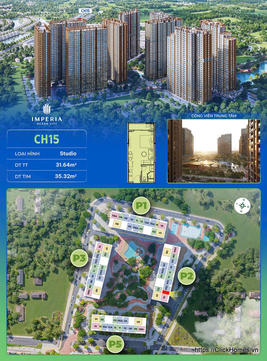 Ảnh chỉ căn trục 15 tòa P2 The Parkland Imperia Ocean City – Studio – DTTT 31.64m², DT tim 35.32m² – hướng Đông Bắc