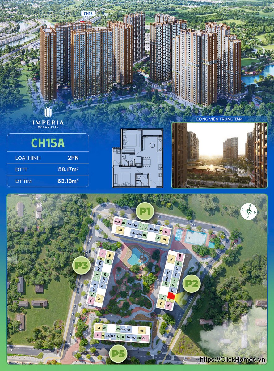 Ảnh chỉ căn trục 15A tòa P2 The Parkland Imperia Ocean City – 2PN – DTTT 58.17m², DT tim 63.13m² – hướng Đông Bắc
