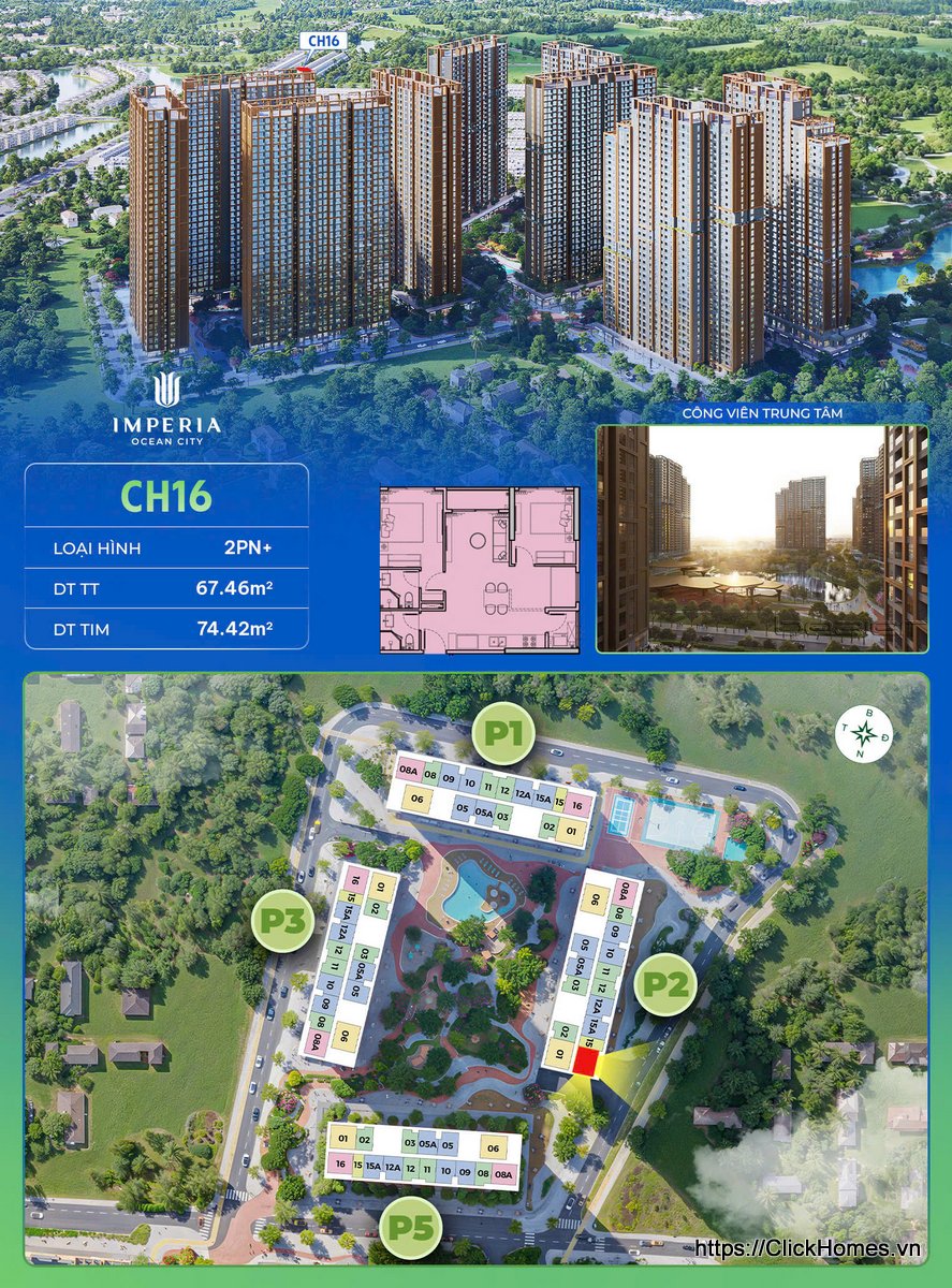 Ảnh chỉ căn trục 16 tòa P2 The Parkland Imperia Ocean City – 2PN+ – DTTT 67.46m², DT tim 74.42m² – hướng Đông Bắc