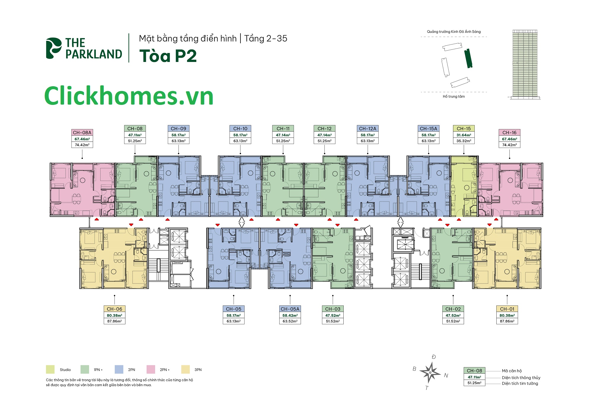 Mặt bằng tầng điển hình tòa P2 The Parkland Imperia Ocean City – sơ đồ trục căn, nhóm căn Studio, 1PN+, 2PN, 3PN và hướng ban công theo la bàn