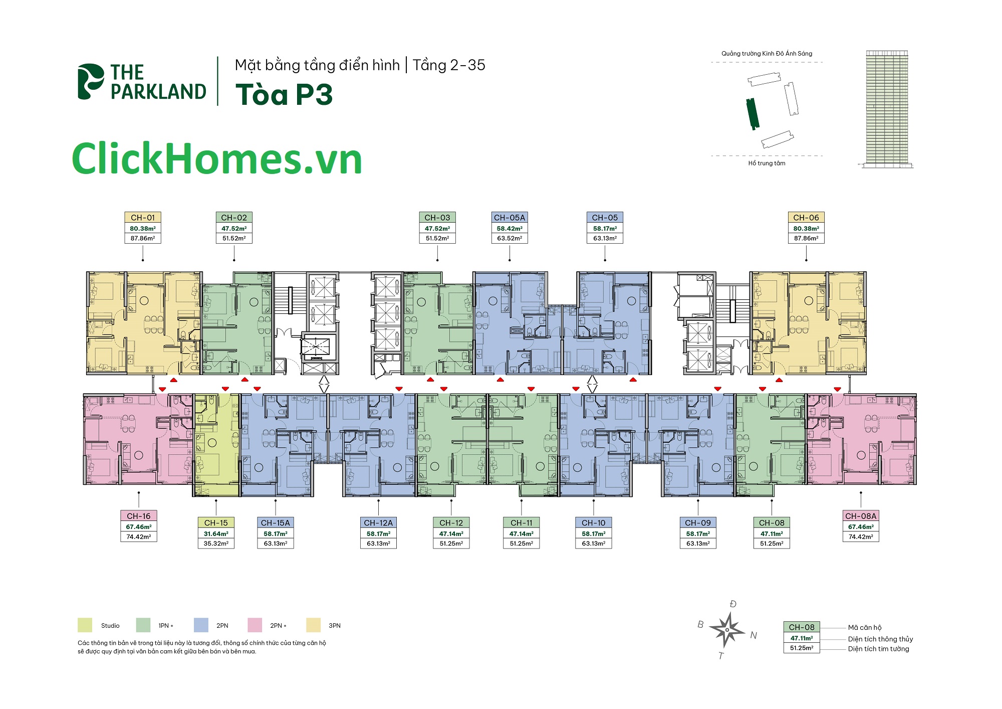 Mặt bằng tòa P3 The Parkland – Imperia Ocean City (MIK) – Ocean Park 2 (tầng điển hình 2–35)