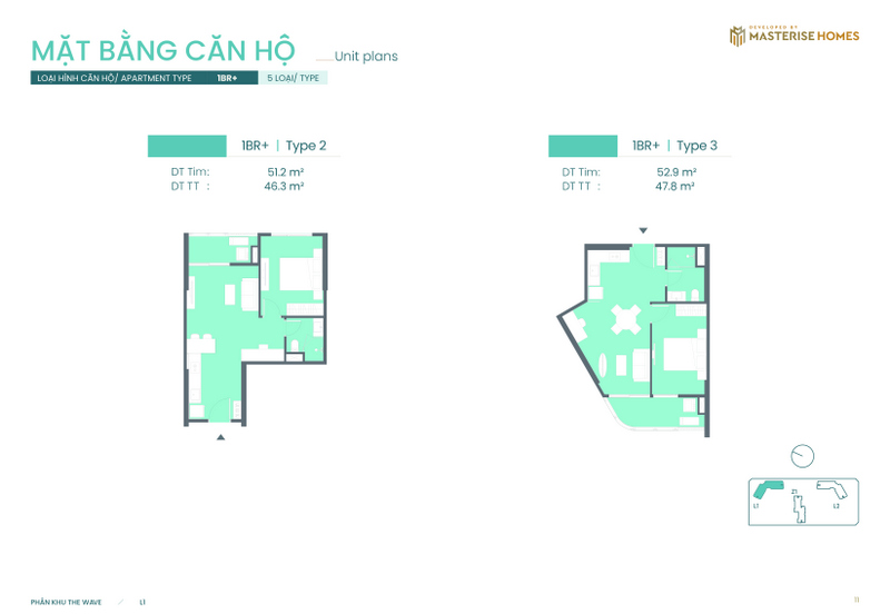 1BR+ | Type 2: Diện tích tim tường 51.2 m², diện tích thông thủy 46.3 m².