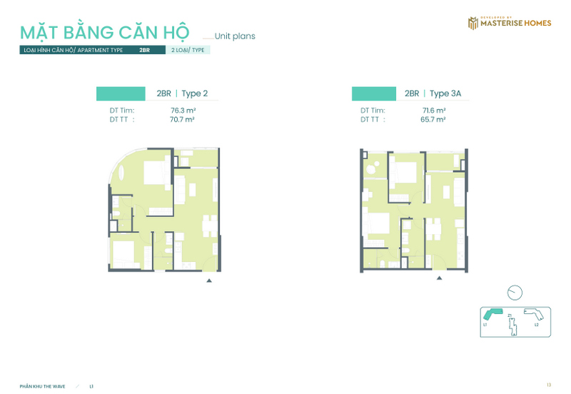 2BR | Type 2: Diện tích tim tường 76.3 m², diện tích thông thủy 70.7 m².