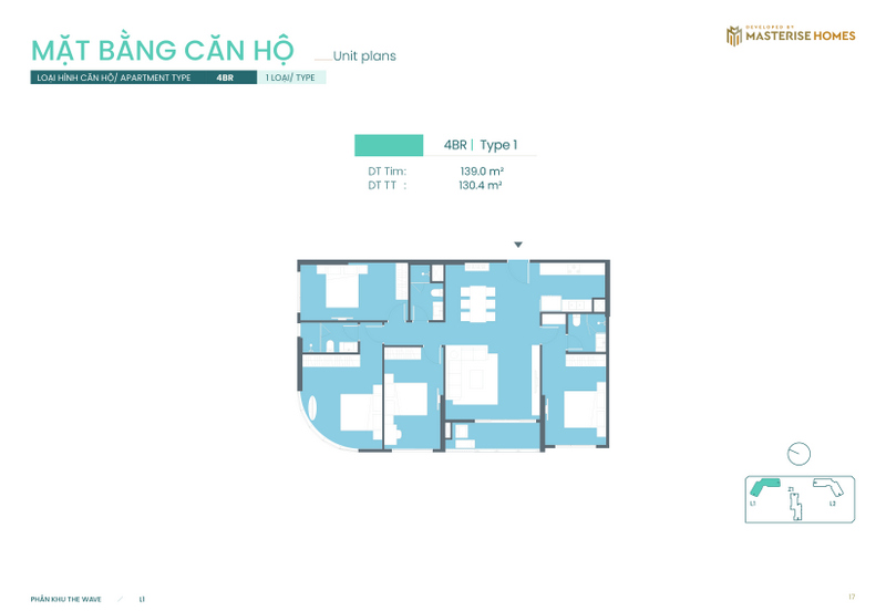4BR | Type 1: Diện tích tim tường 139.0 m², diện tích thông thủy 130.4 m².