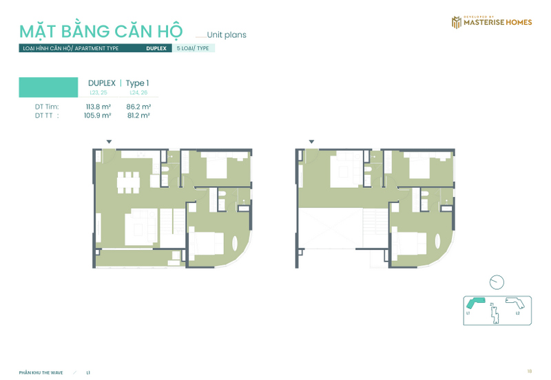 Duplex | Type 1: Diện tích tim tường từ 86.2 m² - 113.8 m², diện tích thông thủy từ 81.2 m² - 105.9 m².