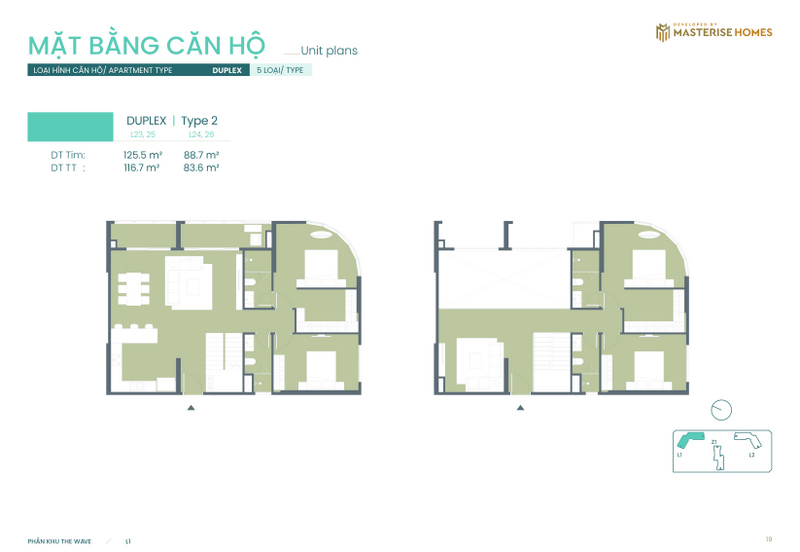 Duplex | Type 2: Diện tích tim tường từ 116.4 m² - 150.3 m², diện tích thông thủy từ 109.8 m² - 140.5 m².