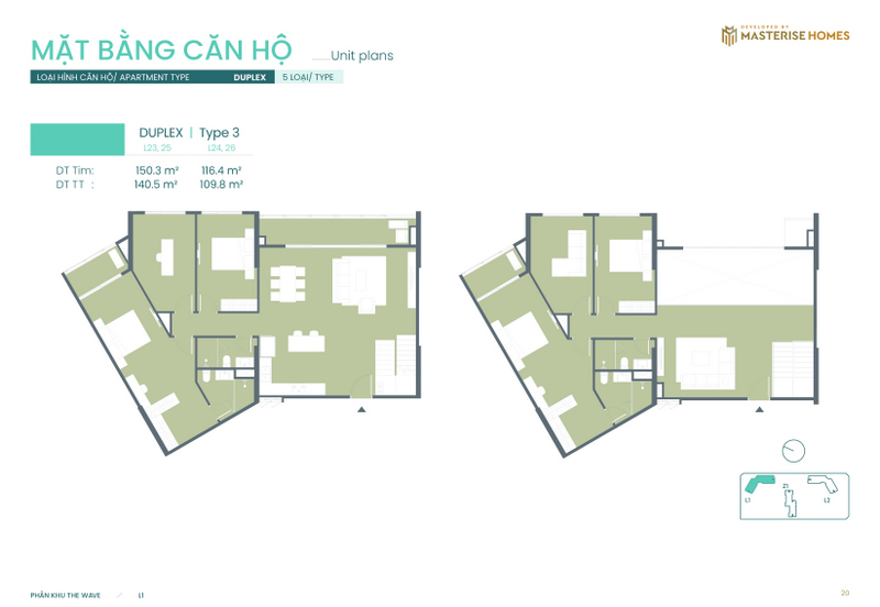 Duplex | Type 3: Diện tích tim tường từ 116.4 m² - 150.3 m², diện tích thông thủy từ 109.8 m² - 140.5 m².