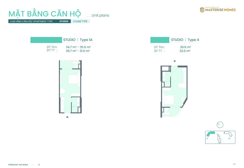 Layout thiết kế căn hộ Studio toà L1 dự án Masteri Grand Coast