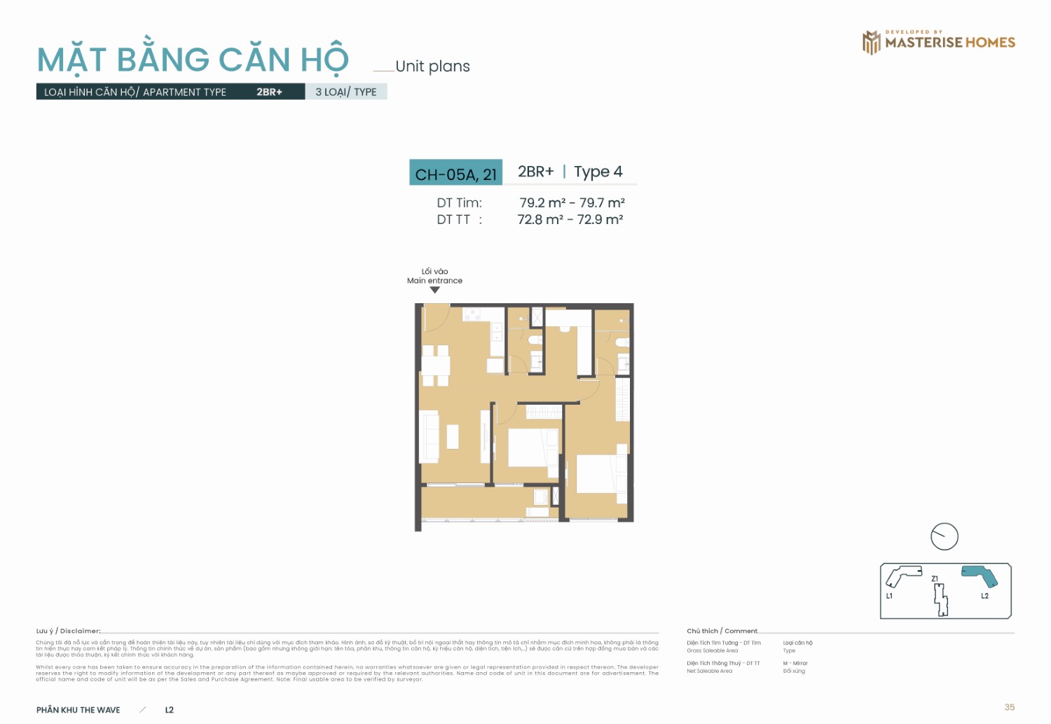 layout 2BR+ | Type 4: Dự án masteri Grand Coast Diện tích tim tường từ 79.2 m² - 79.7 m², diện tích thông thủy từ 72.8 m² - 72.9 m².
