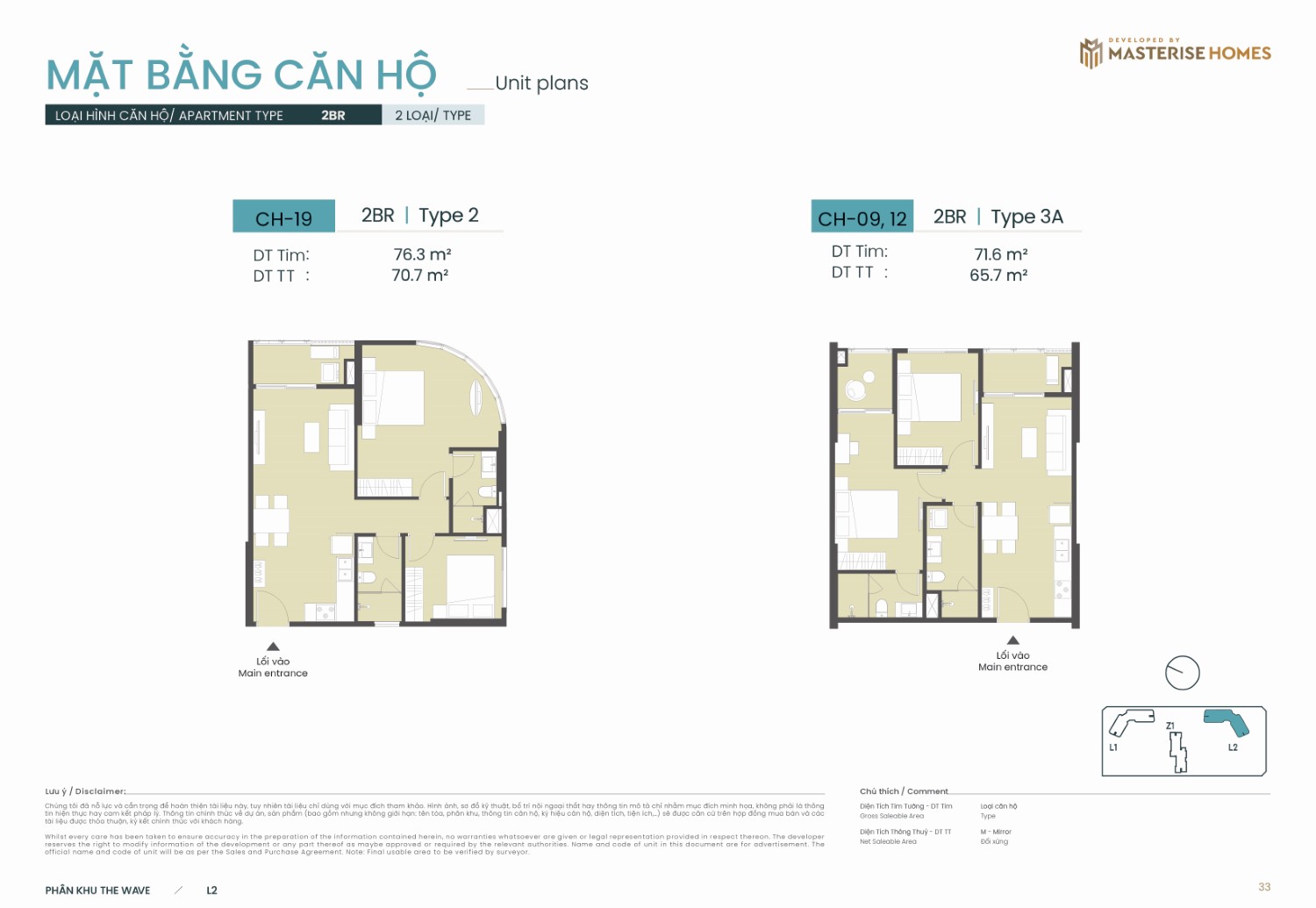 Layout 2PN  2BR | Type 2 dự án Masteri Grand Coast: Diện tích tim tường 76.3 m², diện tích thông thủy 70.7 m².