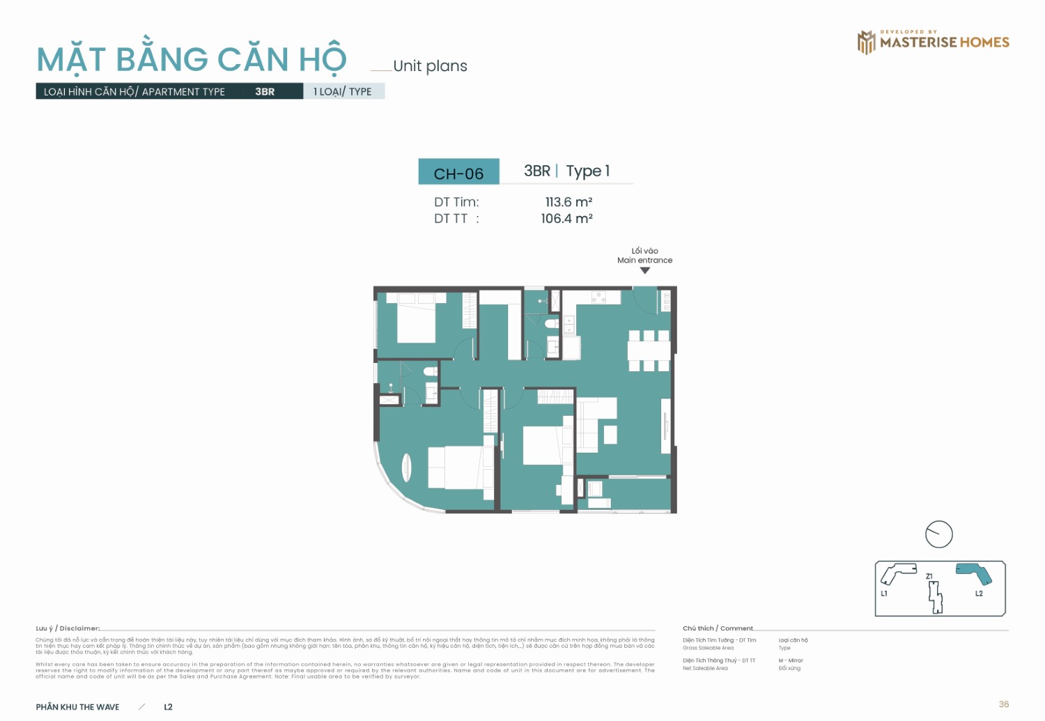 Layout 3BR dự án Masteri Grand Coast| Type 1: Diện tích tim tường 113.6 m², diện tích thông thủy 106.4 m².