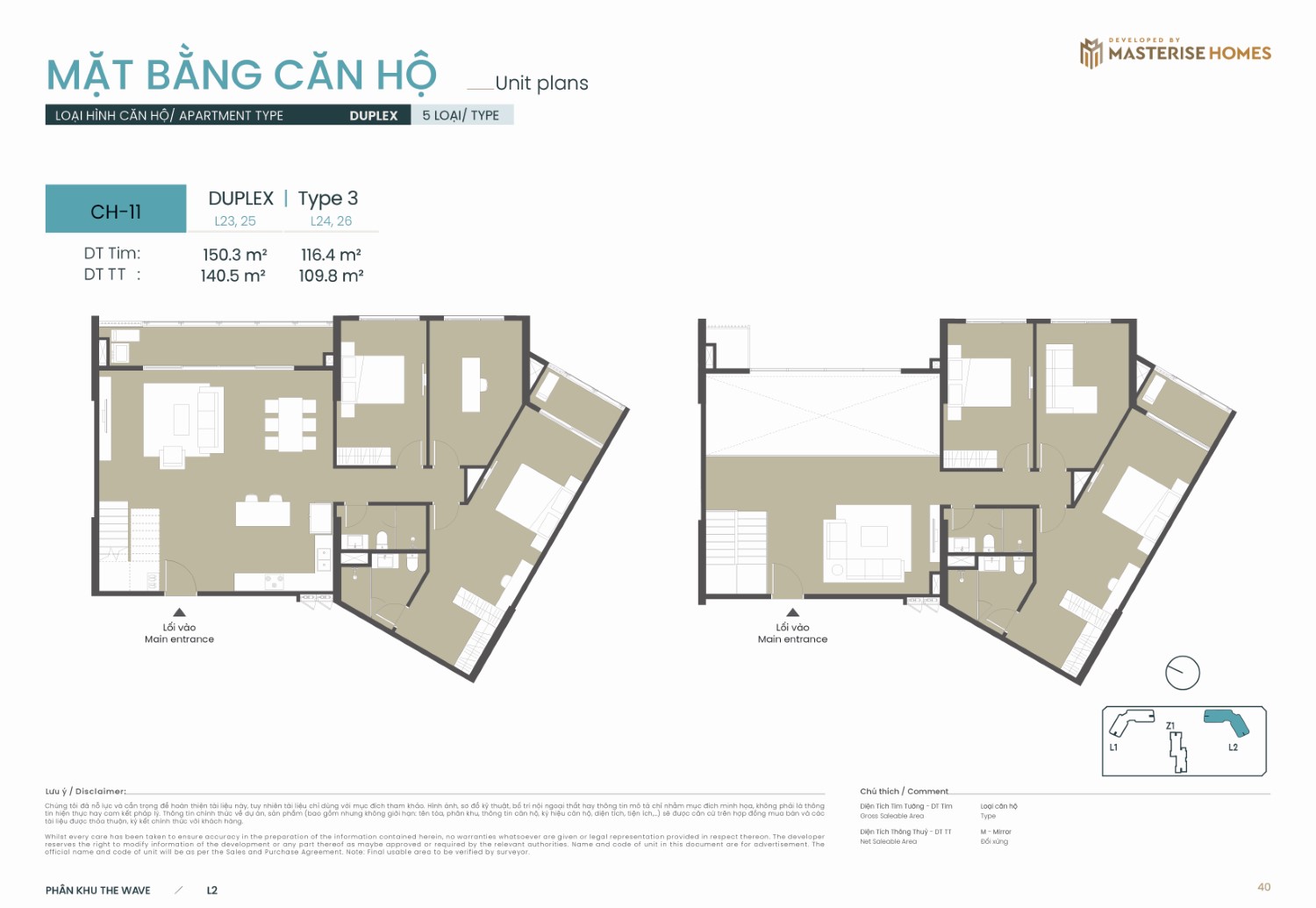 Layout Duplex | Type 3: toà L2 dự án Masteri Grand Coast phân khu the wave, Diện tích tim tường từ 116.4 m² - 150.3 m², diện tích thông thủy từ 109.8 m² - 140.5 m².